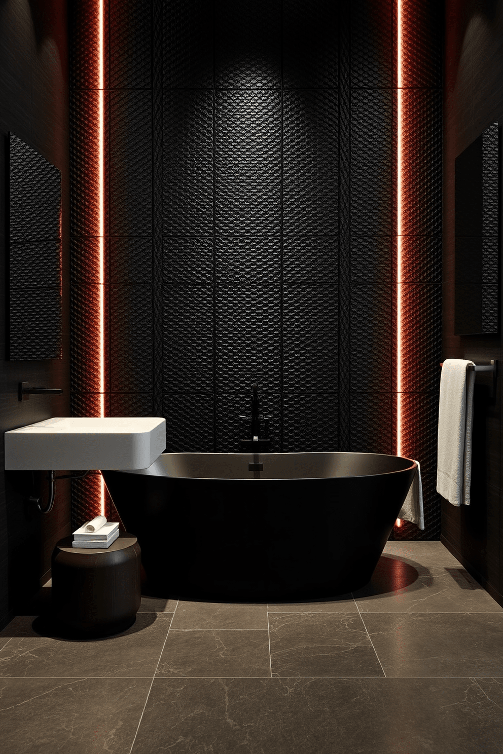 Textured wall panels create a striking focal point in a dark bathroom design. The rich, deep colors enhance the sense of luxury and sophistication while providing depth and interest to the space. Incorporate sleek fixtures and ambient lighting to complement the textured panels. A freestanding bathtub and minimalist accessories can elevate the overall aesthetic, creating a serene and inviting atmosphere.