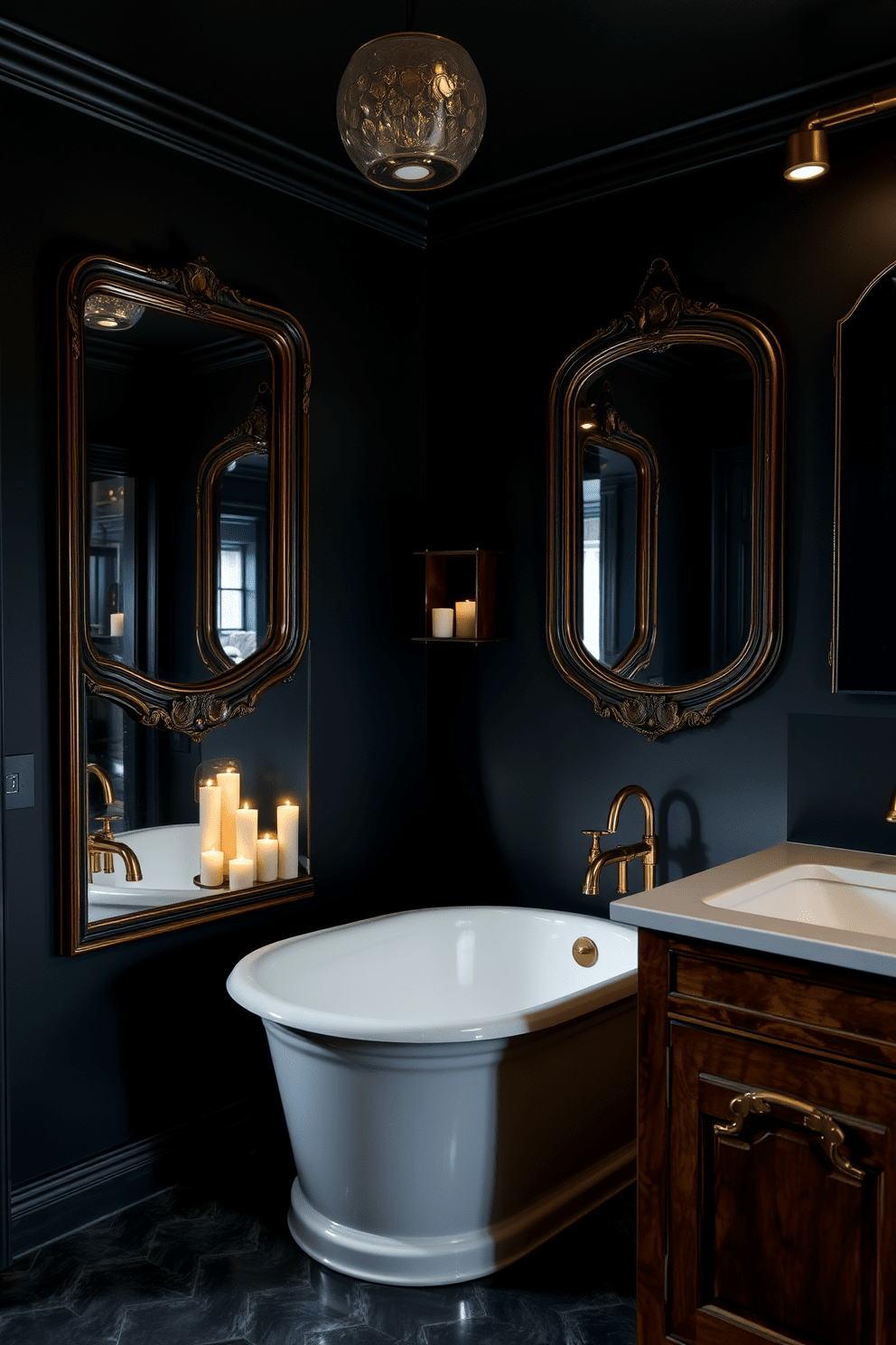 A dramatic bathroom setting featuring vintage mirrors with dark frames that reflect the soft glow of candlelight. The walls are painted in a deep charcoal hue, creating a moody and intimate atmosphere. Rich wooden accents, including a freestanding tub and a sleek vanity, provide warmth against the dark backdrop. Metallic fixtures in brushed gold add a touch of elegance, enhancing the overall vintage charm.