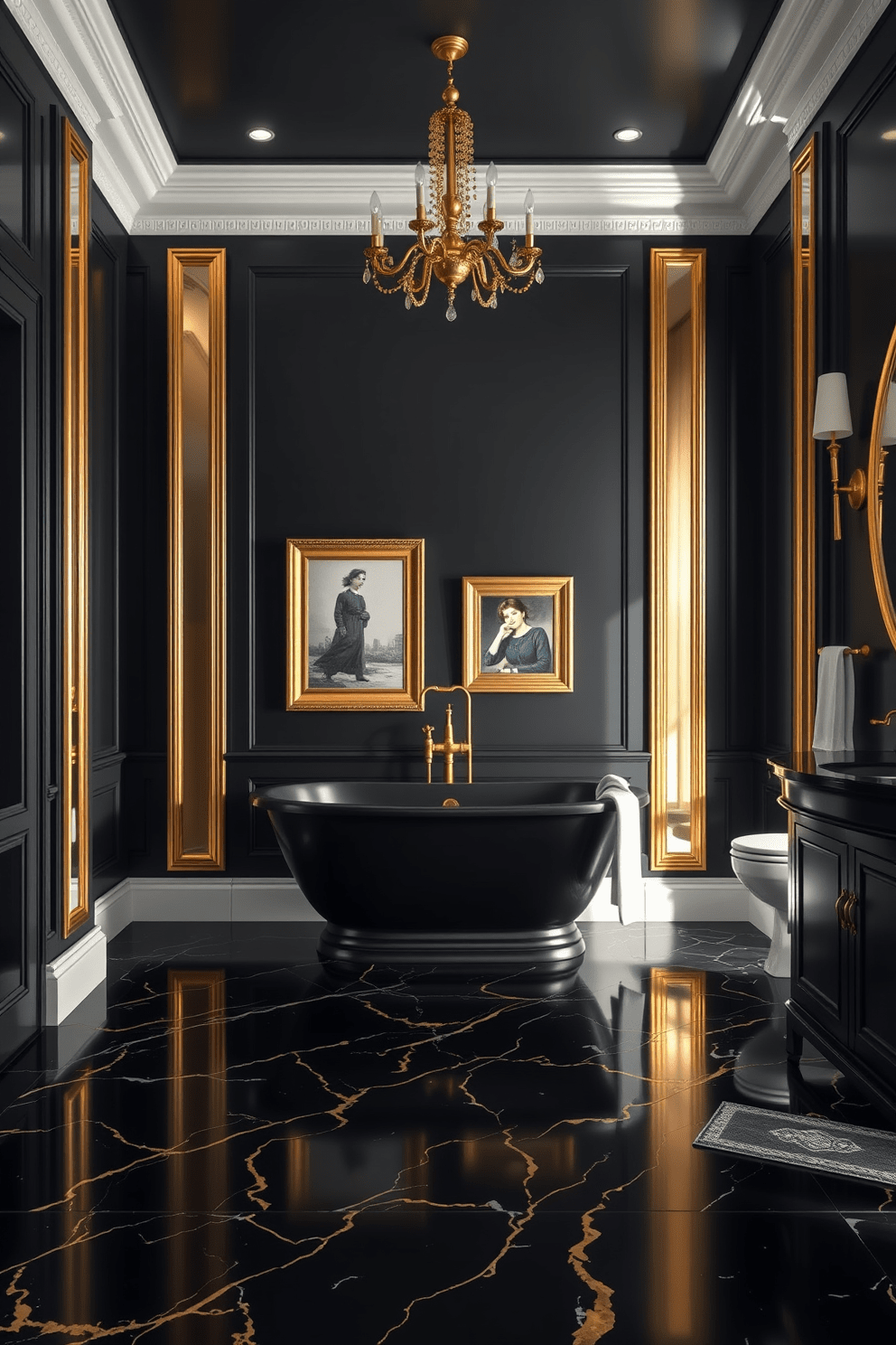 A luxurious dark bathroom featuring a striking black and gold color scheme. The walls are painted a deep charcoal, while gold accents are incorporated through fixtures and decorative elements. A freestanding black bathtub sits elegantly in the center, surrounded by gold-framed artwork. The floor is covered in black marble tiles with subtle gold veining, enhancing the overall opulence of the space.