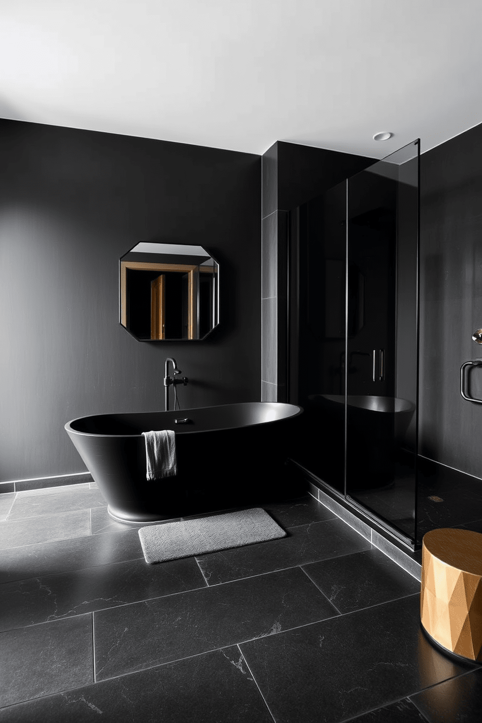 A dark and moody bathroom featuring matte black fixtures that create a striking contrast against the deep charcoal walls. The space includes a freestanding black bathtub with elegant curves and a sleek black shower enclosure with glass doors. The floor is adorned with large format black tiles that extend into the shower area for a seamless look. Accents of brushed gold are introduced through minimalist accessories, adding warmth to the overall design.