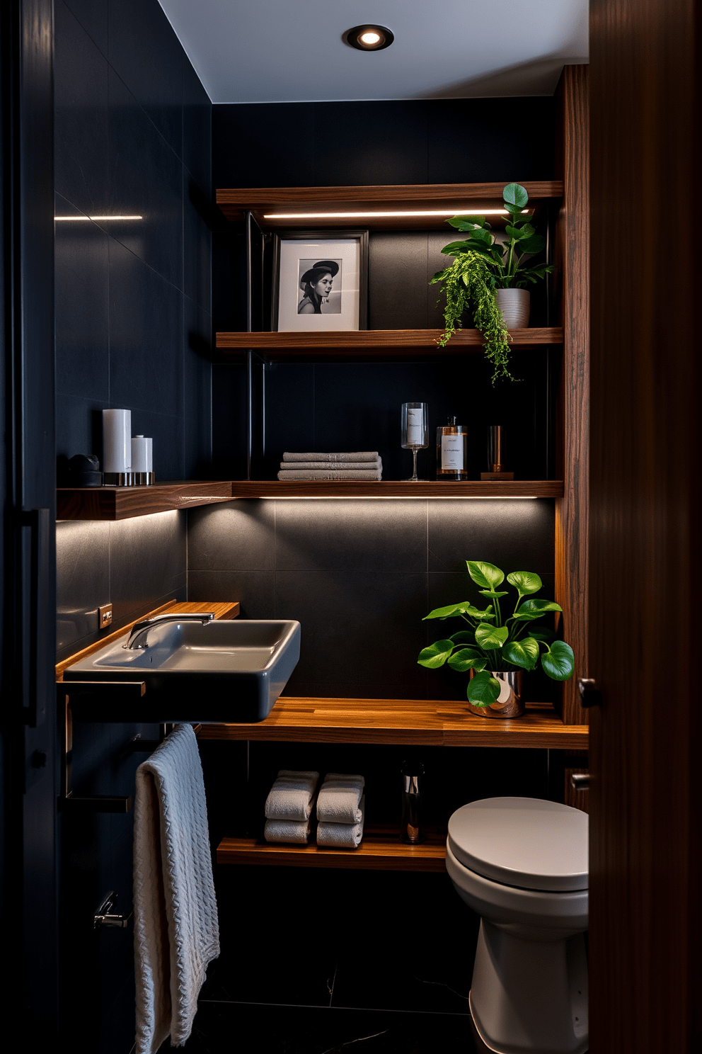 A striking dark bathroom features wooden shelving in rich, dark finishes that add warmth and depth to the space. The shelves are adorned with elegant decorative items and lush greenery, creating a stunning contrast against the deep, moody walls. Soft ambient lighting highlights the textures of the wood and casts a gentle glow throughout the room. The overall design exudes sophistication and tranquility, making it a perfect retreat for relaxation.