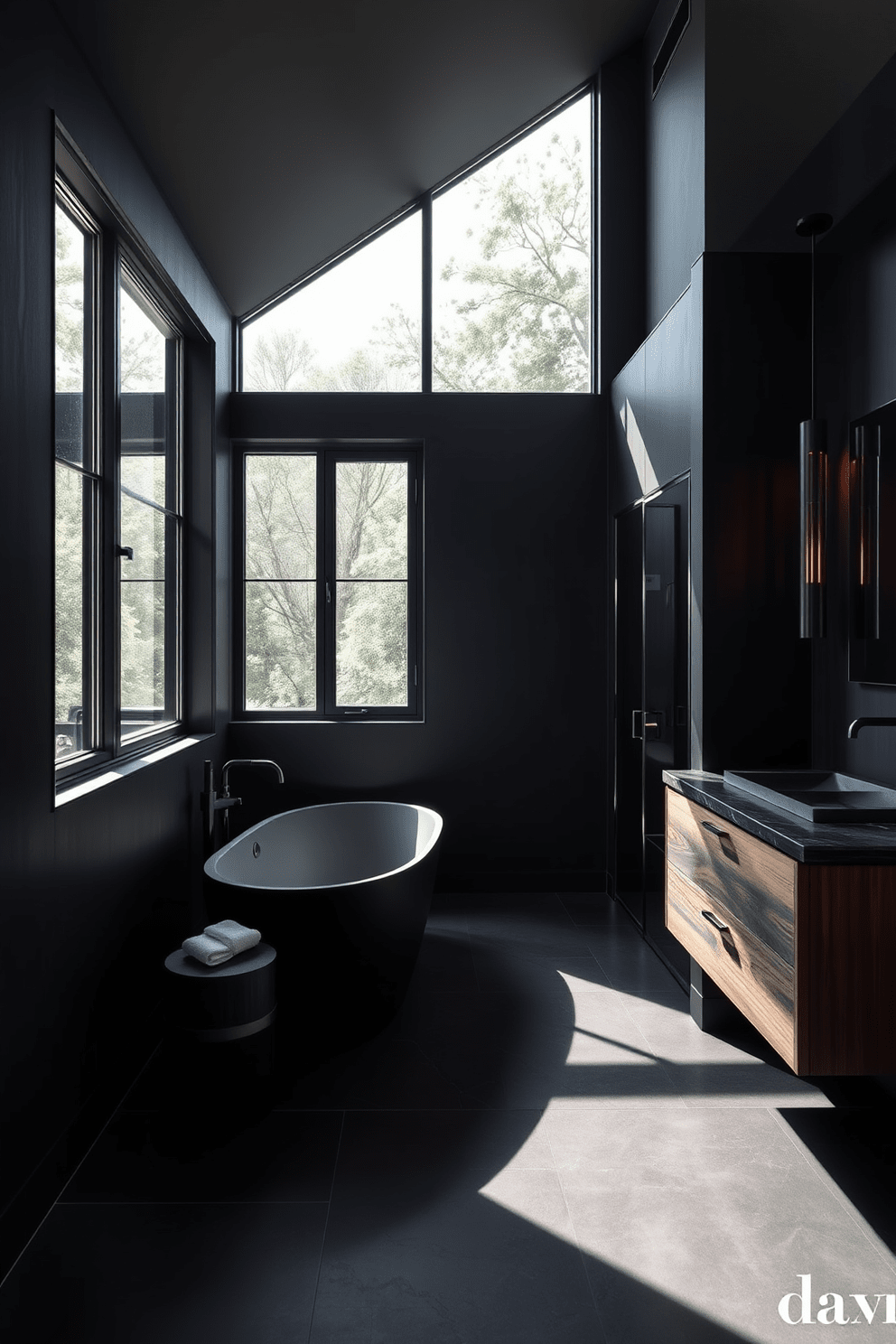 A modern dark bathroom design featuring black framed windows that contrast beautifully with the deep charcoal walls. The space includes sleek black fixtures and a freestanding tub positioned under the windows, allowing natural light to filter in. The floor is adorned with large matte black tiles, complemented by a minimalist wooden vanity with a dark stone countertop. Ambient lighting fixtures provide a warm glow, enhancing the overall sophisticated atmosphere of the room.