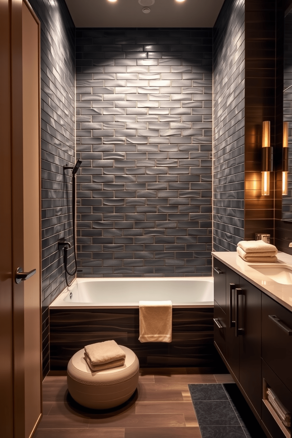 A modern bathroom featuring dark subway tiles that create a striking contrast against the sleek fixtures. The space is illuminated by warm lighting, enhancing the rich textures of the dark tiles and creating a cozy atmosphere. The bathroom includes a deep soaking tub surrounded by dark wood accents, providing a luxurious feel. A stylish vanity with a minimalist design complements the overall aesthetic, while soft towels in neutral tones add a touch of warmth.