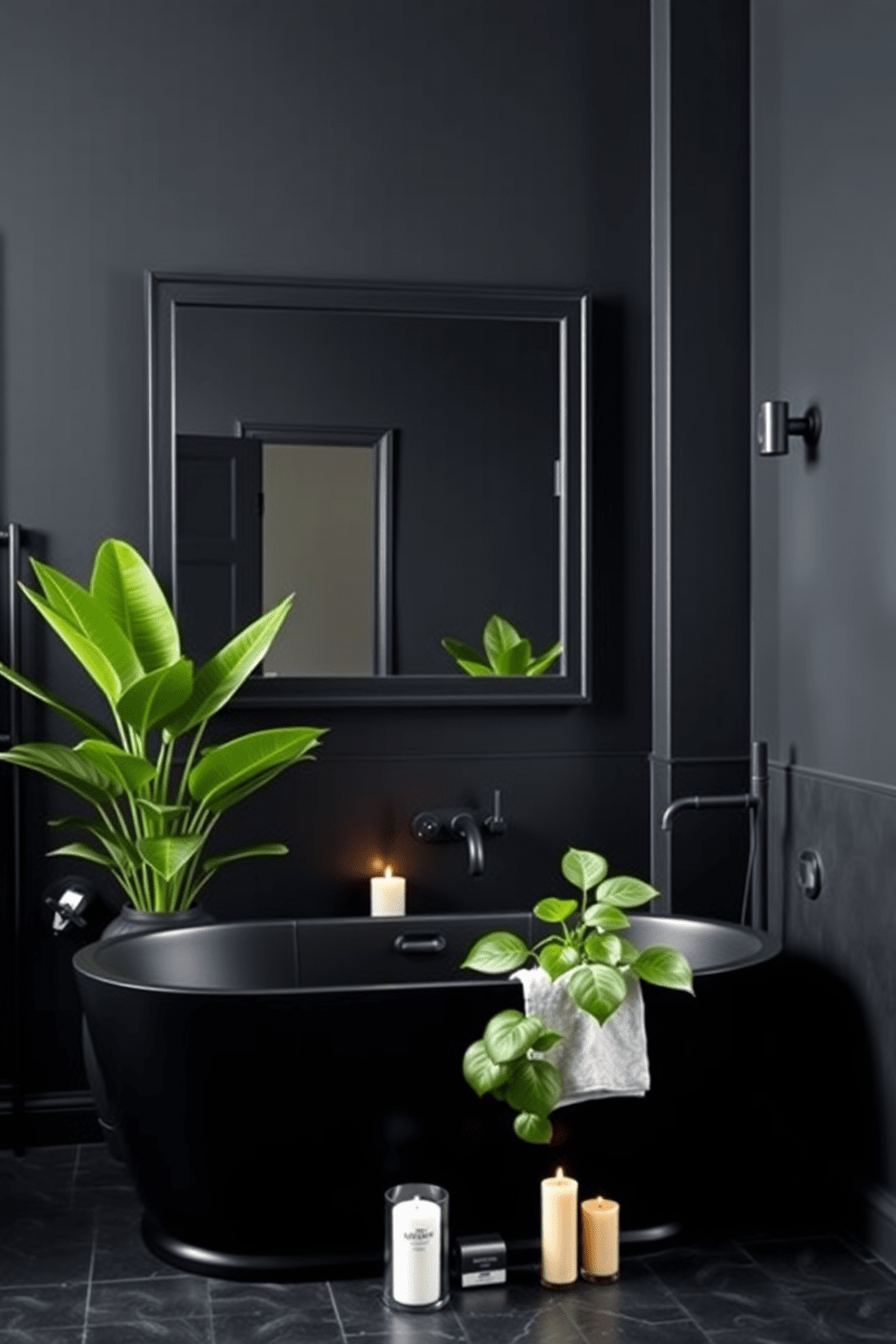 A dark bathroom setting featuring deep charcoal walls and sleek black fixtures. Lush green plants are strategically placed to add a vibrant pop of color against the moody backdrop. The space includes a freestanding black bathtub surrounded by candles for a serene atmosphere. A large mirror with a matte black frame reflects the rich textures of the room, enhancing the luxurious feel.