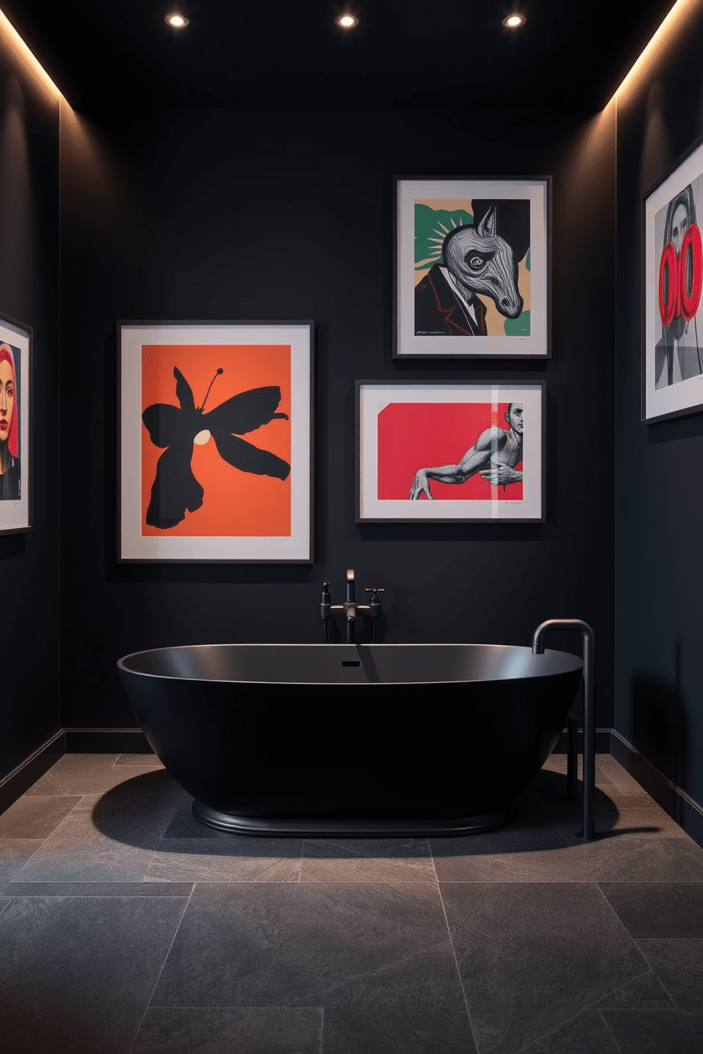 A striking bathroom design featuring bold art pieces displayed against deep, dark walls. The contrast creates a dramatic atmosphere, enhancing the visual impact of the artwork. The space includes a sleek black freestanding bathtub, complemented by modern fixtures in matte black finish. Ambient lighting highlights the art and adds a warm glow to the overall design.