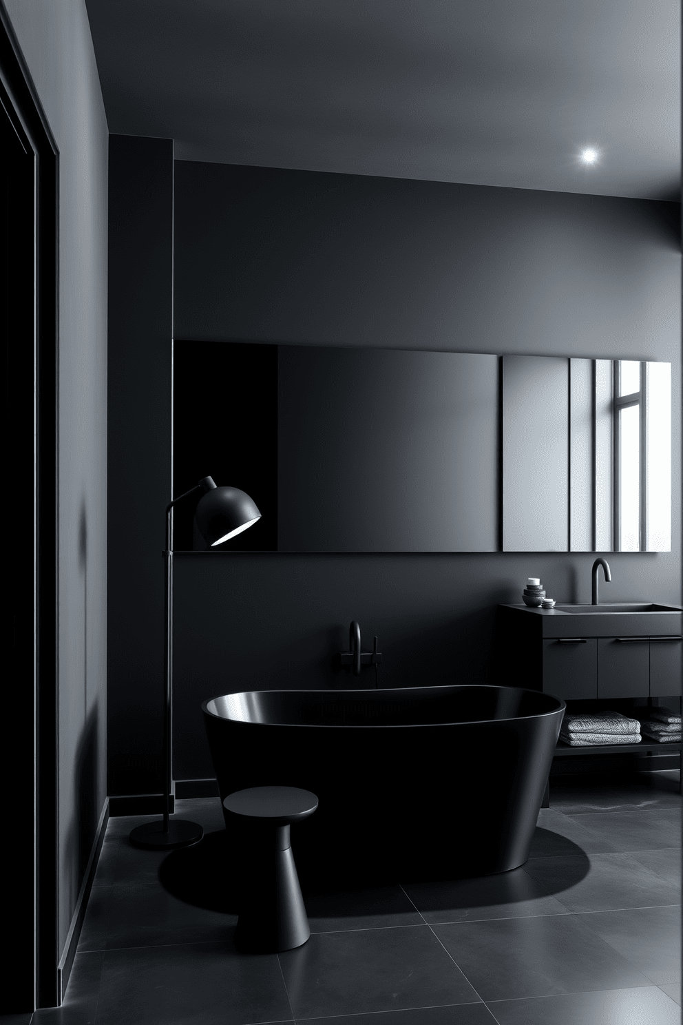 A dark bathroom design featuring a monochromatic color palette. The walls are painted in deep charcoal, creating a dramatic backdrop for sleek black fixtures and accessories. A freestanding black bathtub sits elegantly in the center, complemented by a minimalist black floor lamp nearby. The large mirror above the vanity reflects the soft glow of strategically placed recessed lighting, enhancing the moody ambiance.