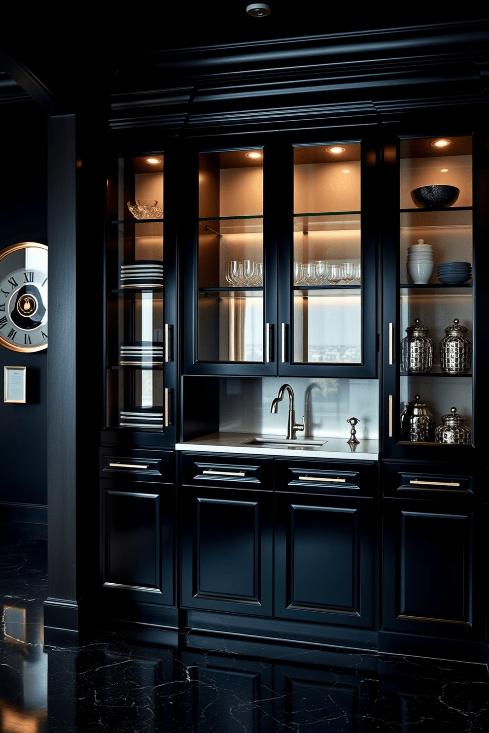 Elegant black cabinetry with glass doors creates a striking focal point in the room. The dark walls are complemented by sleek metallic accents and rich textures, enhancing the overall sophisticated ambiance.