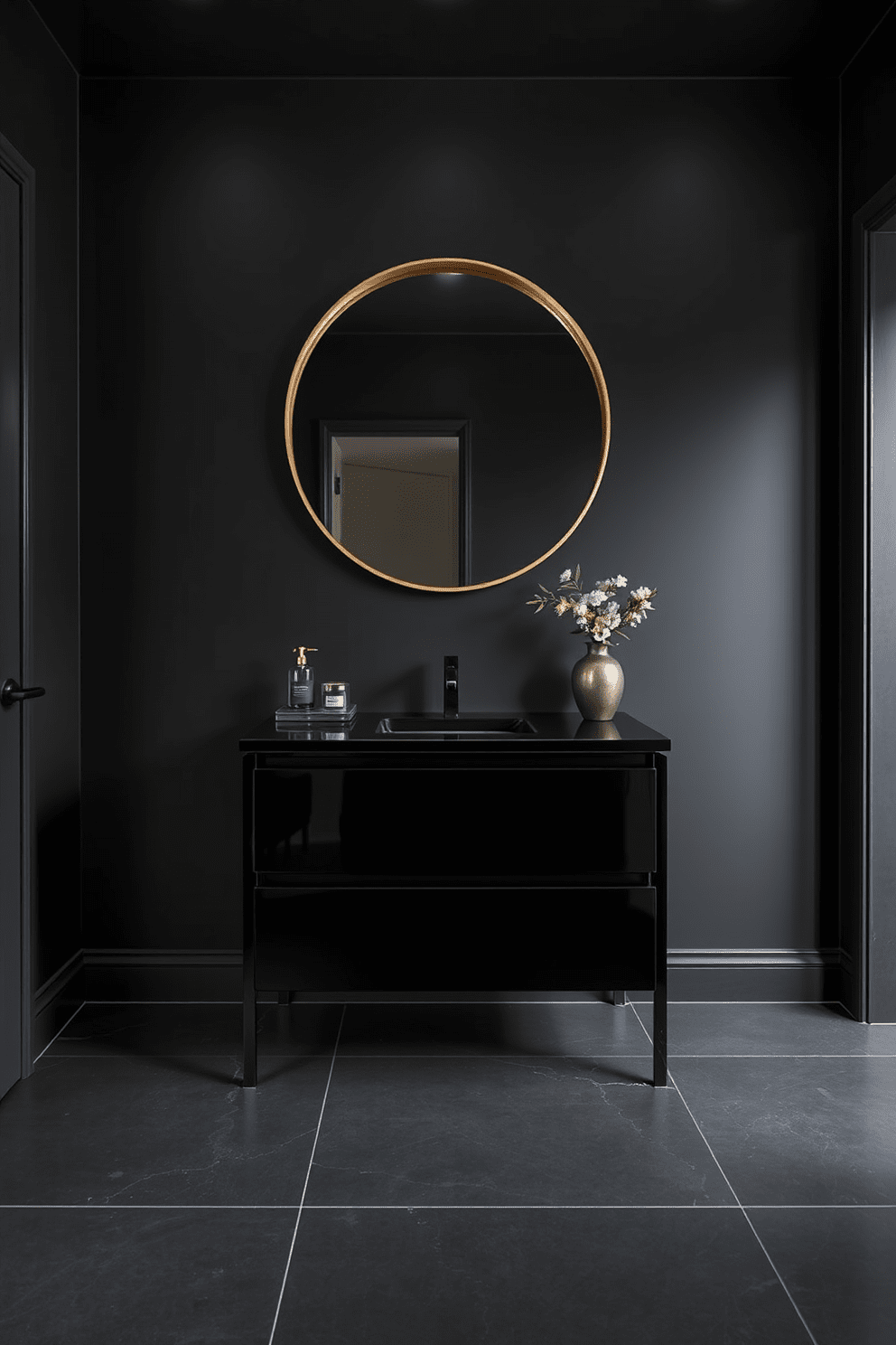 A striking dark bathroom featuring a freestanding black vanity with sleek lines and a glossy finish. The vanity is complemented by a large round mirror framed in brushed gold, creating a stunning focal point against the deep charcoal walls. The floor is adorned with large format black tiles that add to the room's modern elegance. Soft ambient lighting illuminates the space, highlighting the rich textures and inviting atmosphere of this sophisticated design.