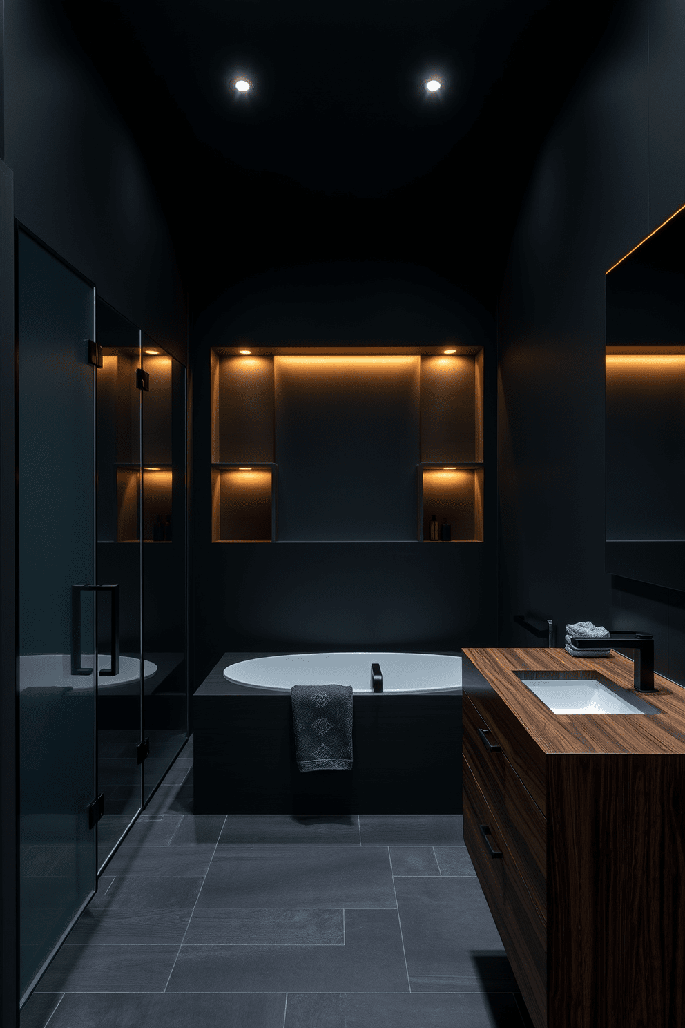 A dark and moody bathroom design featuring integrated lighting in dark niches creates a dramatic ambiance. The walls are painted in deep charcoal, with sleek black fixtures and a floating vanity that showcases a rich walnut finish. Soft LED lights are embedded in the niches around the bathtub and along the mirror edges, casting a warm glow. A large walk-in shower with frosted glass doors complements the space, while dark tiles with subtle textures add depth to the floor.