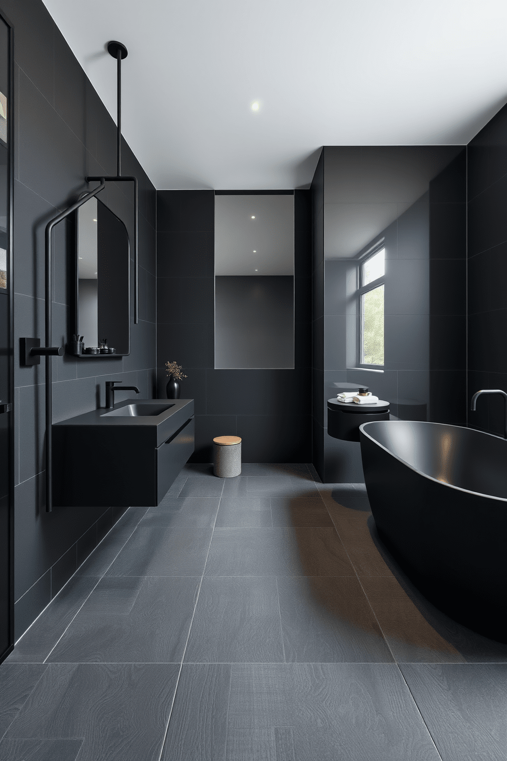 A contemporary bathroom design featuring dark grout that creates a seamless look throughout the space. The walls are painted in a deep charcoal color, complemented by sleek black fixtures and a large mirror that reflects the ambient lighting. The floor is adorned with large-format tiles, showcasing a subtle texture that enhances the overall aesthetic. Minimalist accessories in matte black and a stylish freestanding tub add to the luxurious feel of the dark bathroom design.