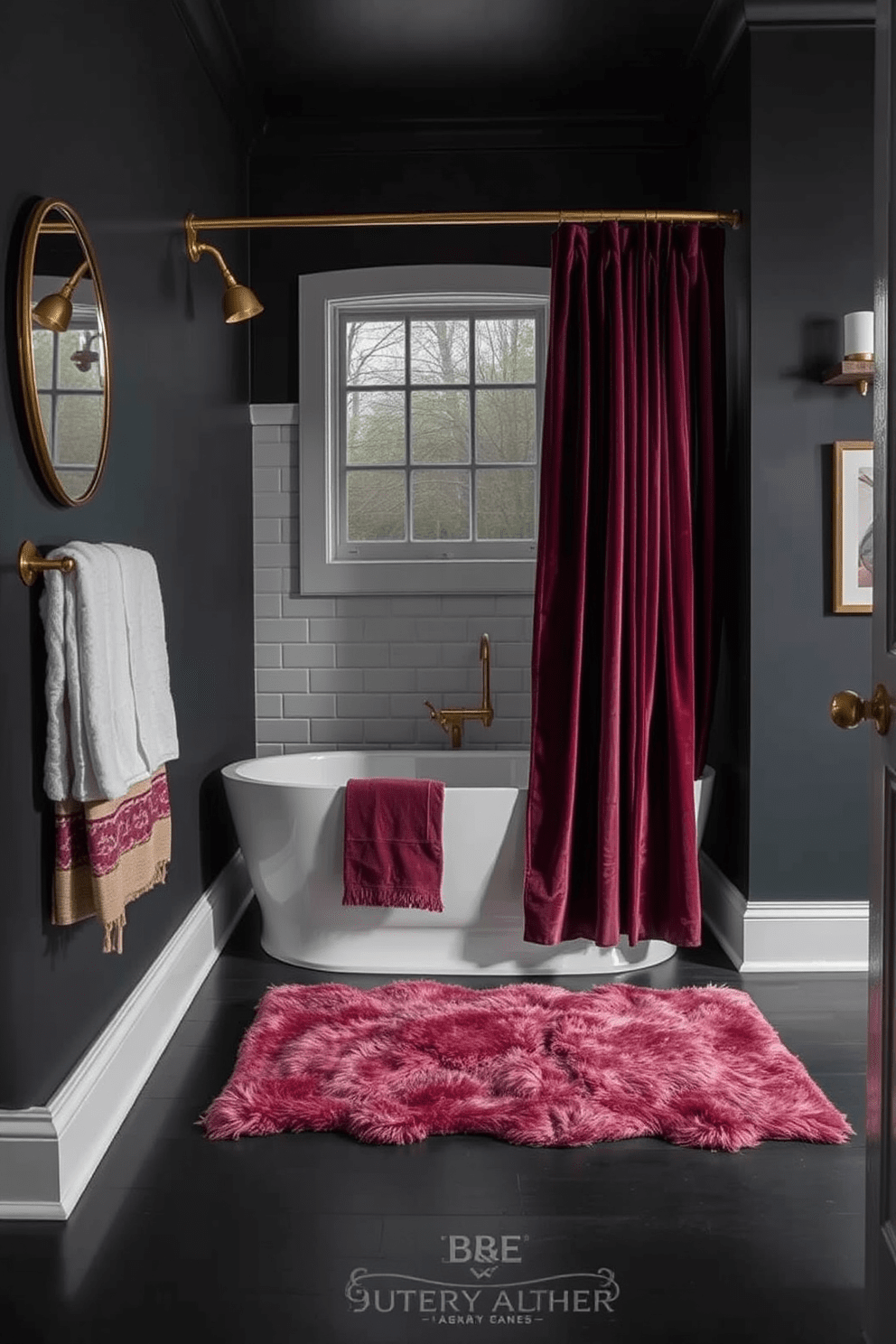 A dark and moody bathroom featuring layered textiles in rich colors. The walls are painted in a deep charcoal hue, complemented by a plush velvet shower curtain in a jewel tone. The floor is adorned with a luxurious area rug that adds warmth and texture. Elegant brass fixtures contrast beautifully with the dark palette, creating a sophisticated ambiance.