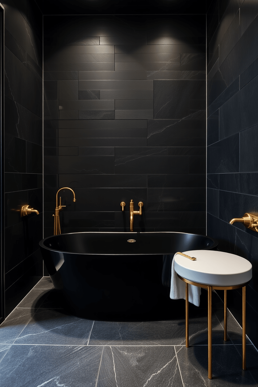 A striking black freestanding tub serves as the centerpiece of the room, exuding elegance and luxury. The surrounding walls are adorned with deep charcoal tiles, creating a bold and dramatic atmosphere. Sleek gold fixtures contrast beautifully with the dark tones, adding a touch of sophistication. Soft ambient lighting highlights the tub and enhances the overall mood of the space.