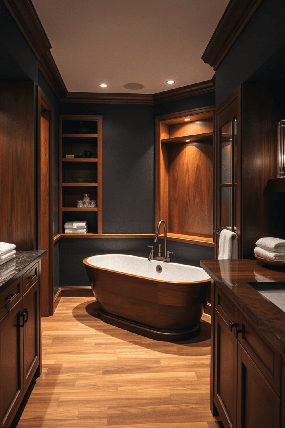 A luxurious bathroom featuring dark wood accents that create a warm and inviting atmosphere. The space includes a freestanding soaking tub with a dark wood surround and elegant fixtures. The walls are painted in a deep charcoal color, complemented by rich wooden cabinetry and shelving. Soft ambient lighting highlights the textures of the dark wood and adds a cozy glow to the room.