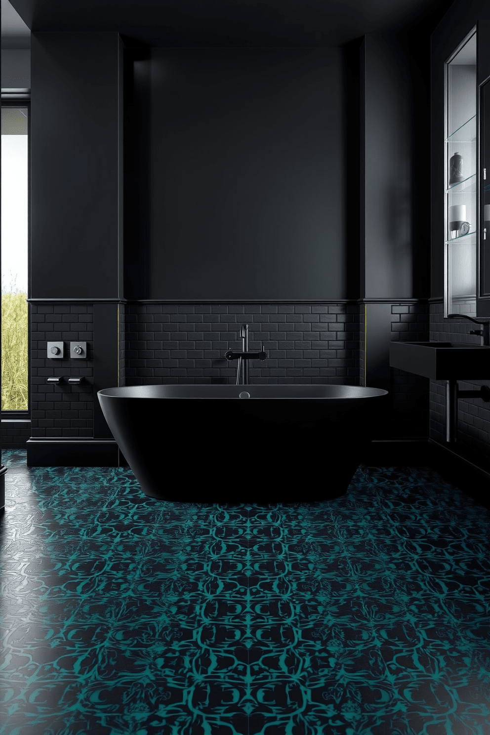 A dark and moody bathroom featuring patterned tiles in deep colors that create a striking visual impact. The walls are painted in a rich charcoal hue, and the floor is adorned with intricate patterned tiles in shades of navy and emerald green. A sleek freestanding bathtub sits in the center, surrounded by ambient lighting that highlights the textures of the tiles. Elegant fixtures in matte black contrast beautifully with the deep color palette, adding a touch of sophistication to the overall design.