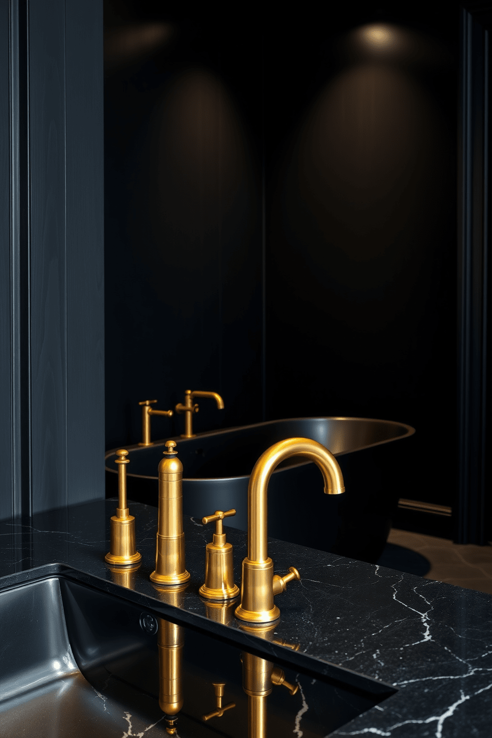 A striking dark bathroom design featuring gold taps that gleam against a rich black backdrop. The space is accentuated by deep charcoal walls and a sleek black freestanding bathtub, creating a luxurious and dramatic atmosphere. The gold taps are elegantly mounted on a black marble countertop, enhancing the overall sophistication of the design. Soft ambient lighting casts a warm glow, highlighting the stunning contrasts between the gold fixtures and the dark elements of the room.