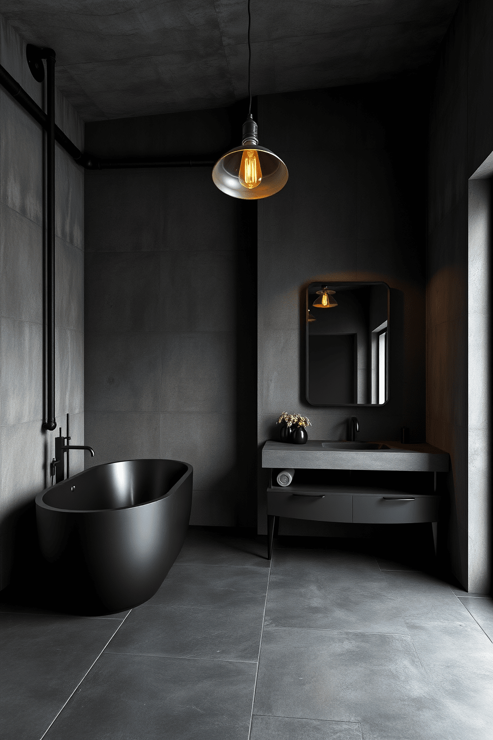 A dark bathroom design featuring concrete walls with a raw finish and exposed pipes for an industrial feel. The space includes a freestanding black bathtub and a sleek concrete vanity with a large mirror framed in black metal. The floor is covered with large matte black tiles that enhance the moody atmosphere. Ambient lighting is provided by industrial-style pendant lights hanging from the ceiling, creating a warm glow against the dark surfaces.