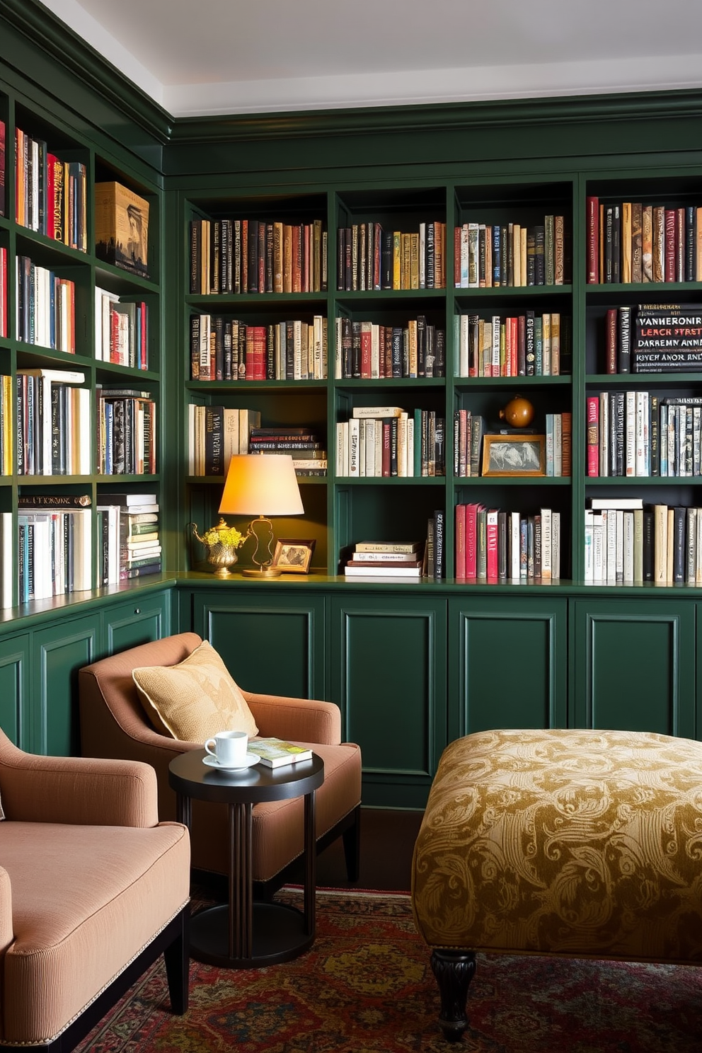 Cozy reading nook with dark green walls featuring a plush armchair upholstered in a soft fabric. A small side table holds a steaming cup of tea and a stack of well-loved books, while a warm lamp casts a gentle glow over the space. Dark green home library design ideas include floor-to-ceiling bookshelves filled with an array of books and decorative items. A comfortable chaise lounge invites relaxation, complemented by a patterned area rug that adds warmth to the room.