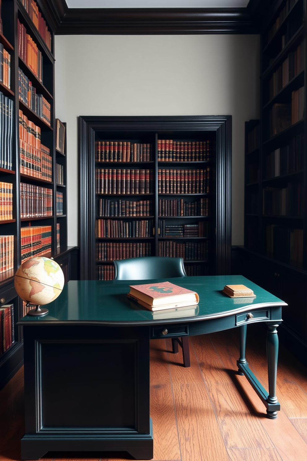 A dark green desk is positioned in an elegant home library, featuring an antique globe resting on its surface. The walls are lined with dark wooden bookshelves filled with leather-bound volumes, creating a rich and inviting atmosphere.