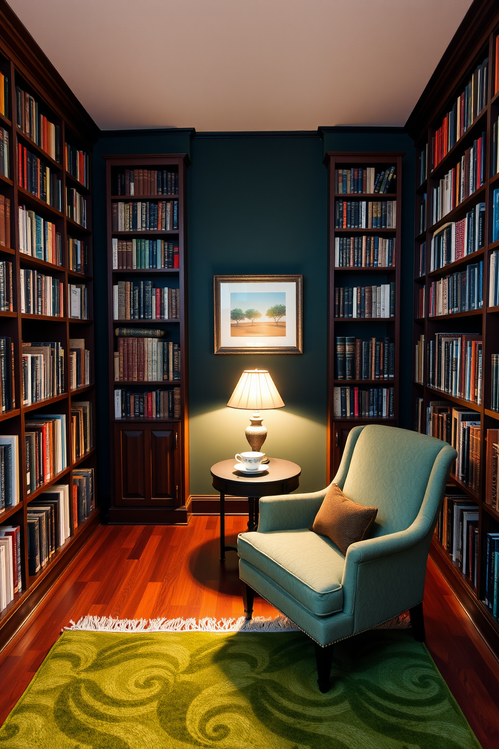 A cozy home library featuring dark green walls and rich wooden bookshelves filled with an array of books. A soft green area rug lies on the hardwood floors, creating a warm and inviting atmosphere. In the center, a comfortable reading chair upholstered in a complementary fabric invites relaxation. A small side table holds a steaming cup of tea and a decorative lamp, providing soft lighting for evening reading.