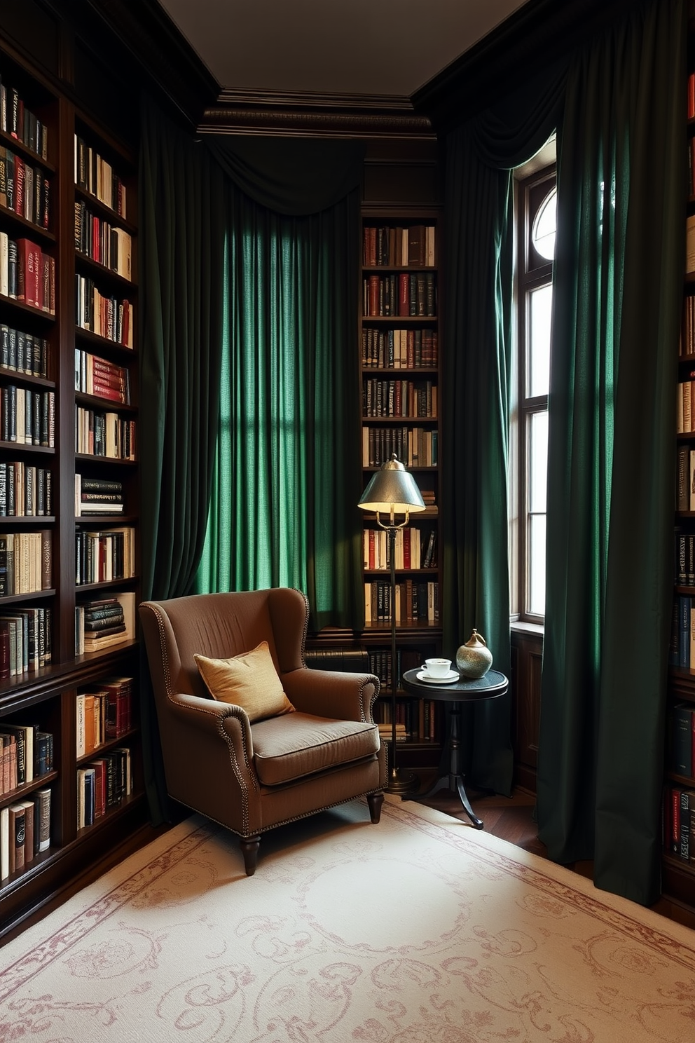 A cozy home library adorned with dark green curtains that add a touch of drama to the space. The walls are lined with dark wood bookshelves filled with an eclectic collection of books, creating an inviting atmosphere for reading and relaxation. A plush armchair in a rich fabric sits in the corner, paired with a small side table for drinks and reading materials. Soft lighting from a vintage floor lamp casts a warm glow, enhancing the library's intimate ambiance.