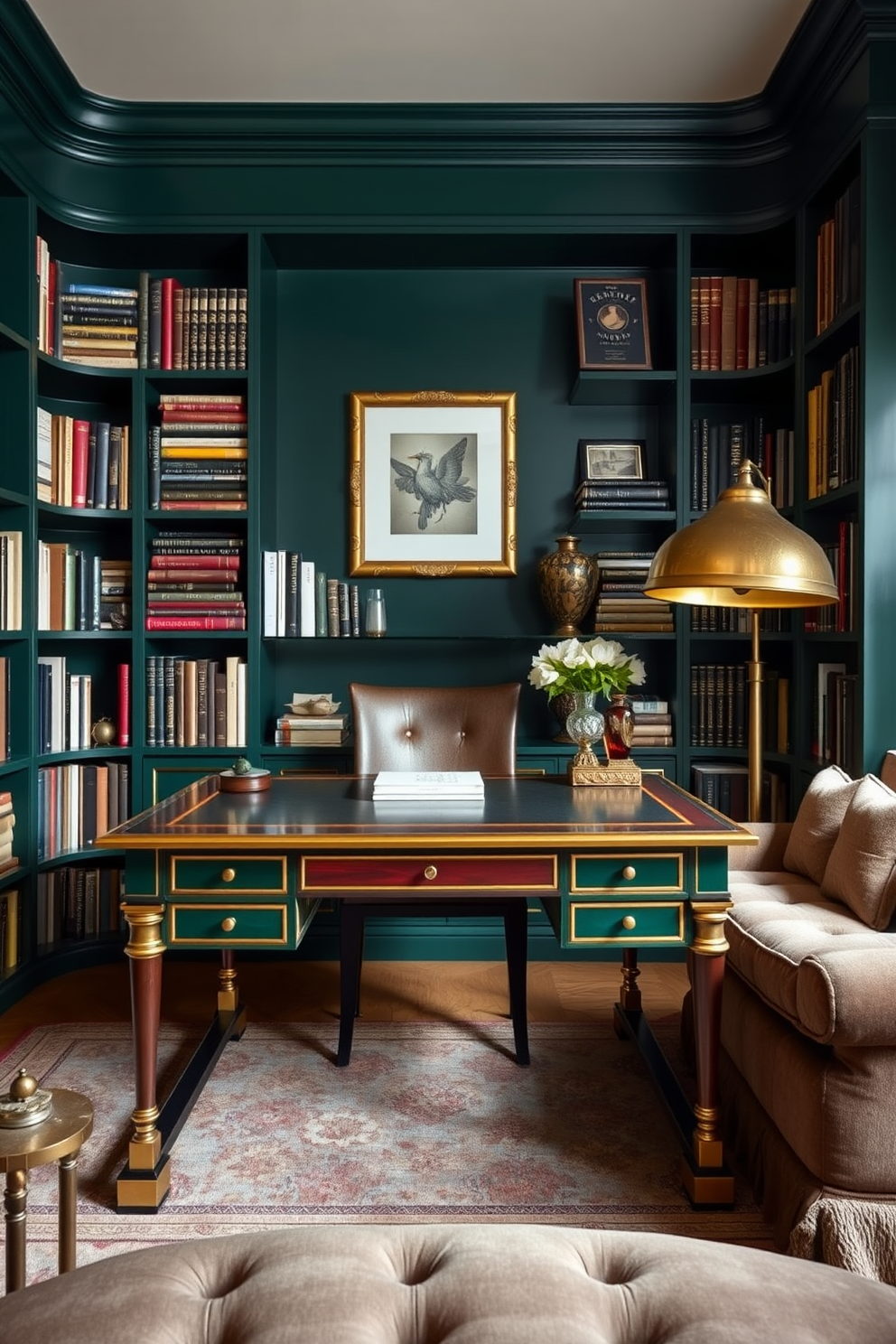 A stylish desk with brass accents and rich green details stands elegantly in the center of the room. Surrounding the desk are shelves filled with books, adorned with decorative objects that enhance the sophisticated atmosphere. The walls are painted in a deep green hue, creating a cozy and inviting home library. Soft lighting from a vintage brass lamp casts a warm glow, highlighting the textures of the plush seating area nearby.