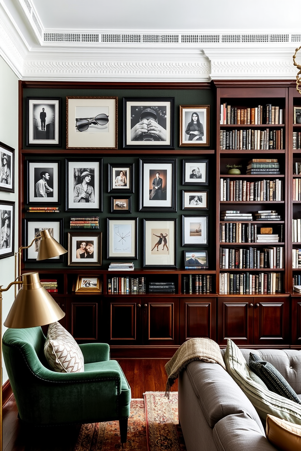 A gallery wall featuring dark green frames showcases an array of art pieces and photographs that add depth and character to the space. The wall is complemented by a rich wooden bookshelf filled with books and decorative items, creating a cozy and inviting atmosphere. The dark green home library design features plush seating options, such as a velvet armchair and a comfortable sofa, perfect for reading and relaxation. Soft lighting from stylish floor lamps enhances the ambiance, while a large window allows natural light to filter in, illuminating the rich colors of the room.