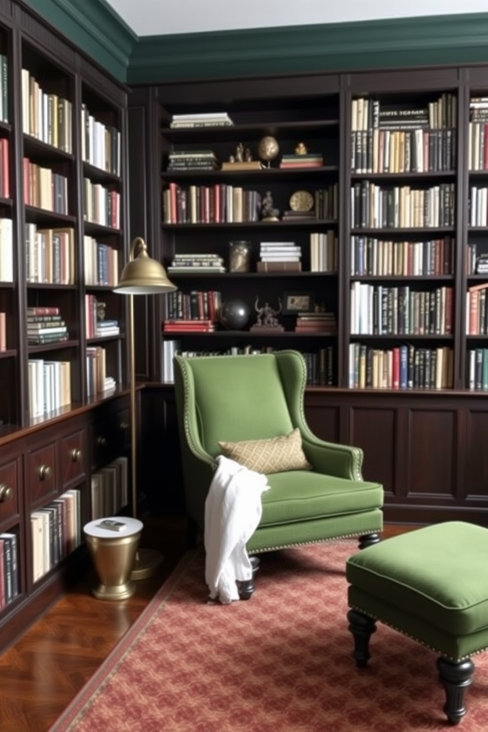 Chic green armchair paired with a matching ottoman creates a stylish focal point in the room. Surrounding the seating area, dark wood bookshelves are filled with an array of books and decorative items, enhancing the cozy atmosphere. The walls are painted in a deep forest green, providing a rich backdrop that complements the furniture. Soft lighting from a vintage floor lamp casts a warm glow, inviting relaxation and reading in this elegant home library.