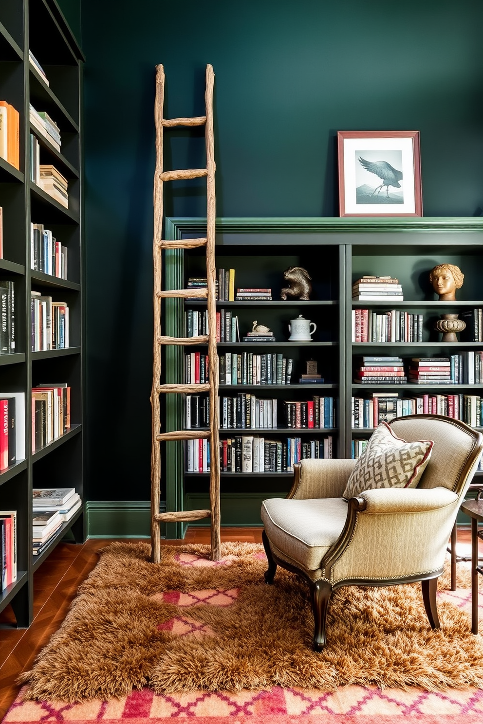 A rustic wooden ladder leans against a dark green wall, adding a touch of warmth and character to the space. Below the ladder, a plush area rug in earthy tones complements the rich hues of the room. The home library features dark green walls adorned with shelves filled with books and decorative items. A cozy reading nook with a vintage armchair and a small side table invites relaxation and contemplation.