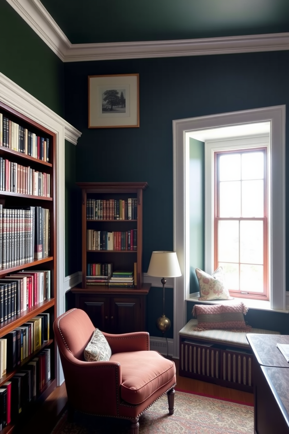 A cozy home library featuring a dark green accent wall complemented by crisp white trim. The room is filled with rich wooden bookshelves, a plush armchair, and a small reading nook by the window.