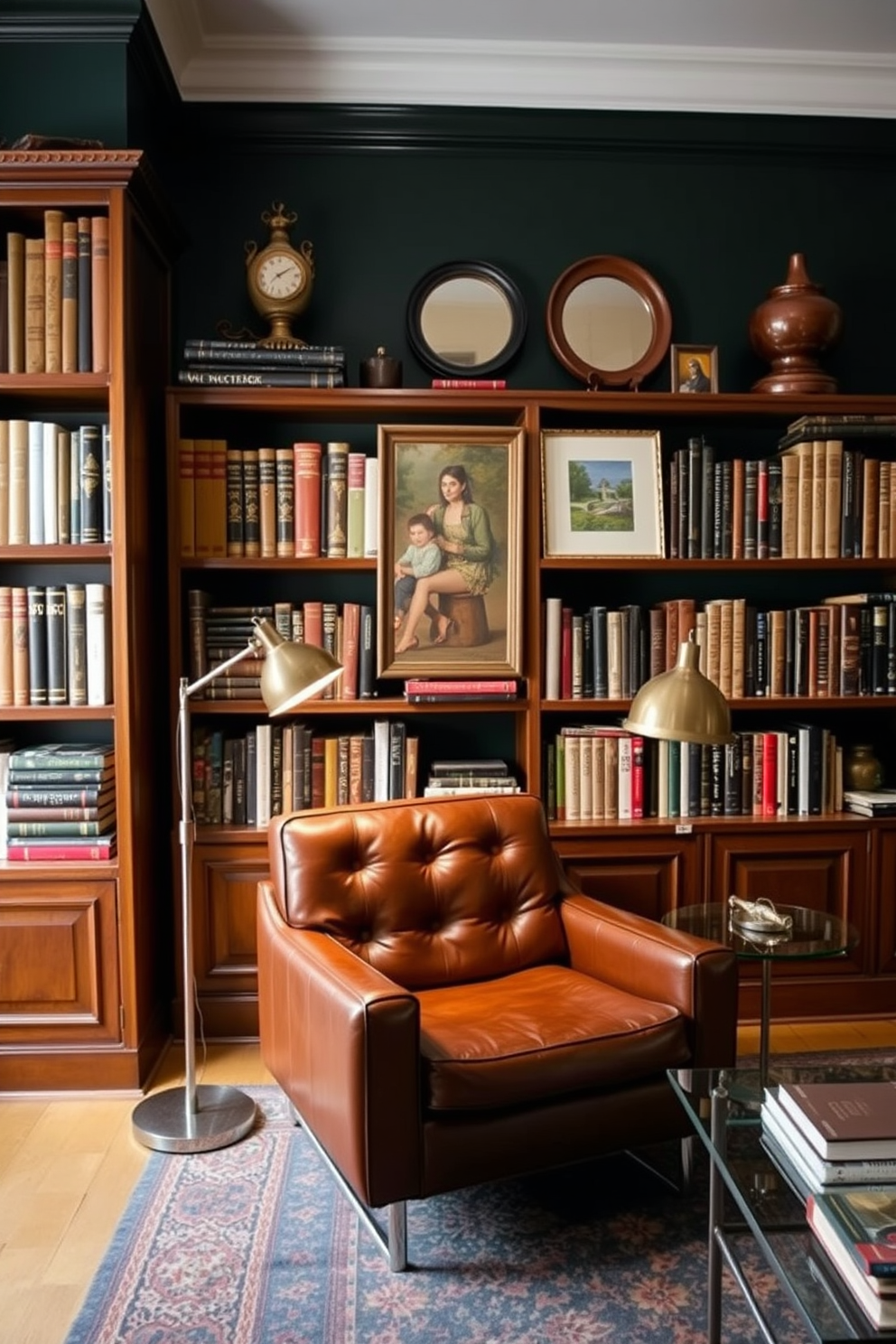 A cozy home library featuring a blend of vintage and contemporary decor. The walls are painted a rich dark green, creating an inviting atmosphere filled with warmth and sophistication. Antique wooden bookshelves line the walls, filled with an eclectic collection of books and decorative items. A modern leather armchair sits in the corner, paired with a sleek glass side table and a vintage floor lamp that casts a soft glow.