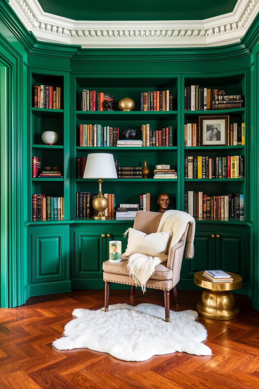 Elegant built-in bookcases in emerald green create a striking focal point in this home library. The shelves are filled with a curated selection of books and decorative items, enhancing the sophisticated atmosphere. Rich wooden flooring complements the deep green walls, adding warmth to the space. A plush reading nook with a comfortable armchair and a soft throw invites relaxation amidst the literary collection.