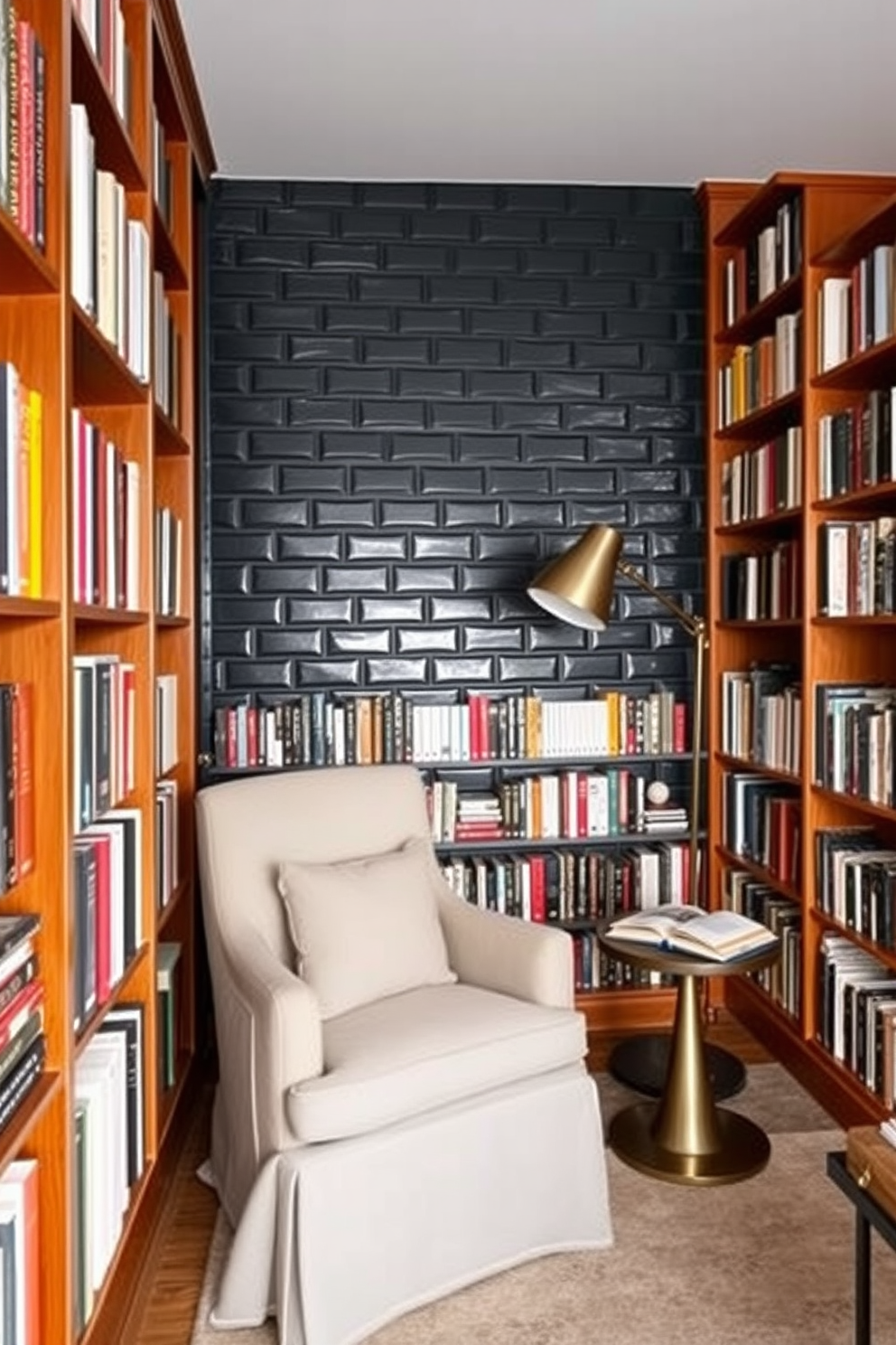 A dark green color block feature wall creates a striking backdrop in the home library. The shelves are filled with an array of books, complemented by warm wooden accents and plush seating. The library features a comfortable reading nook with a cozy armchair and a small side table. Soft lighting from a stylish floor lamp enhances the inviting atmosphere, making it the perfect spot to unwind with a good book.