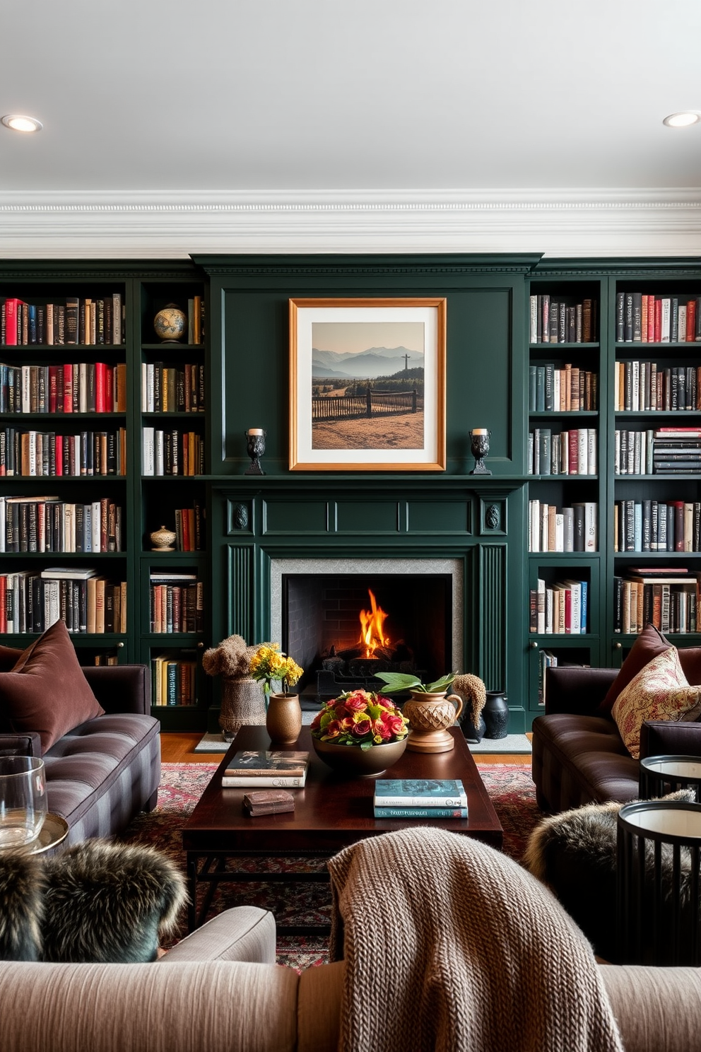 Cozy fireplace with dark green mantle. The fireplace is surrounded by built-in bookshelves filled with an array of books, accented by warm lighting. Dark green home library design ideas. Plush seating is arranged around a central coffee table, creating an inviting reading nook with rich textures and layered textiles.