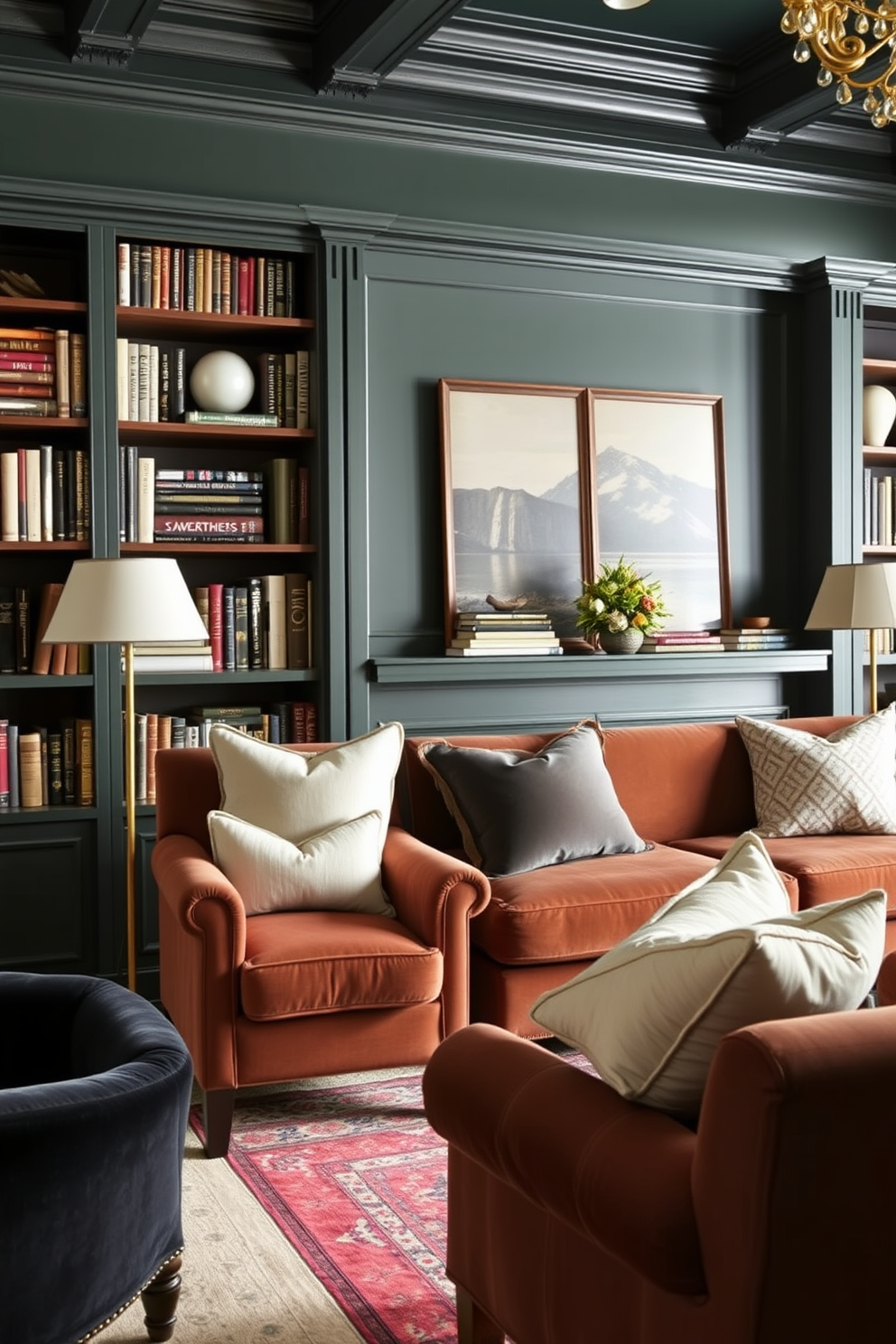 A cozy home library featuring layered textures with rich velvet upholstery and soft linen accents. The walls are painted in a deep dark green, complemented by wooden bookshelves filled with an array of books and decorative items.