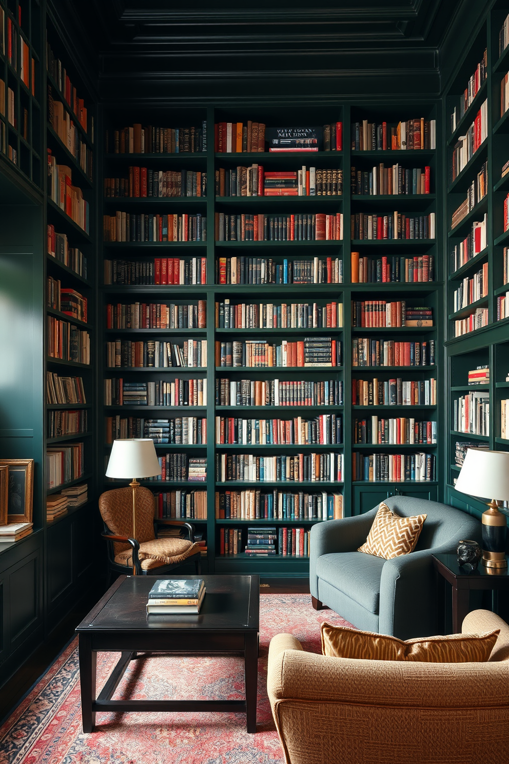 A cozy home library featuring dark green bookshelves that stretch from floor to ceiling, filled with an extensive collection of novels. Soft lighting illuminates the space, highlighting the rich textures of the dark wood furniture and the plush seating area.