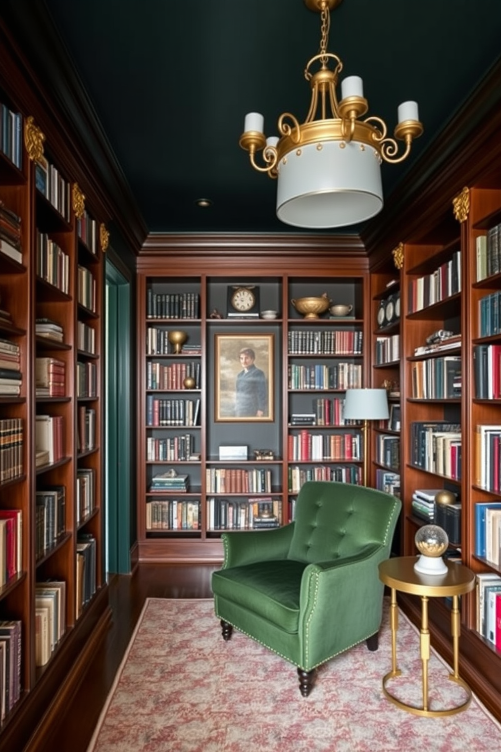 A cozy home library featuring dark green walls that create an inviting atmosphere. Elegant gold accents are incorporated through the shelving units, light fixtures, and decorative accessories. Rich wooden bookshelves line the walls, filled with an array of books and decorative items. A plush green armchair sits in the corner, accompanied by a small gold side table for added functionality.