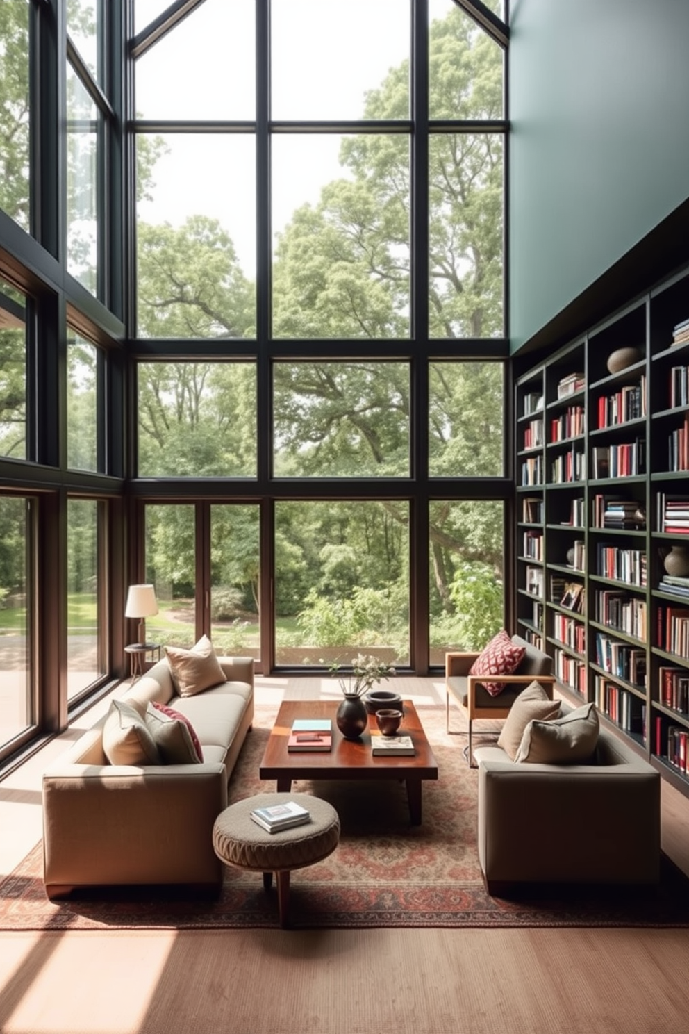 A cozy home library with floor-to-ceiling windows that offer a stunning view of lush greenery. The walls are painted a deep dark green, creating a rich and inviting atmosphere for reading and relaxation. The room features plush seating arranged around a wooden coffee table, perfect for casual gatherings. Bookshelves line the walls, filled with an eclectic mix of books and decorative items that add character to the space.