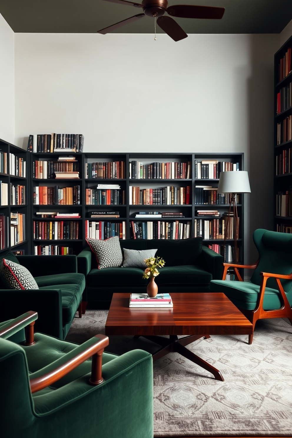 A cozy home library featuring mid-century furniture in rich dark green tones. The room is adorned with a plush dark green velvet sofa paired with a sleek walnut coffee table, surrounded by bookshelves filled with an eclectic collection of books. Soft lighting from a stylish floor lamp casts a warm glow over the space, enhancing the inviting atmosphere. A vintage armchair in a complementary shade of green adds an additional seating option, creating a perfect reading nook.