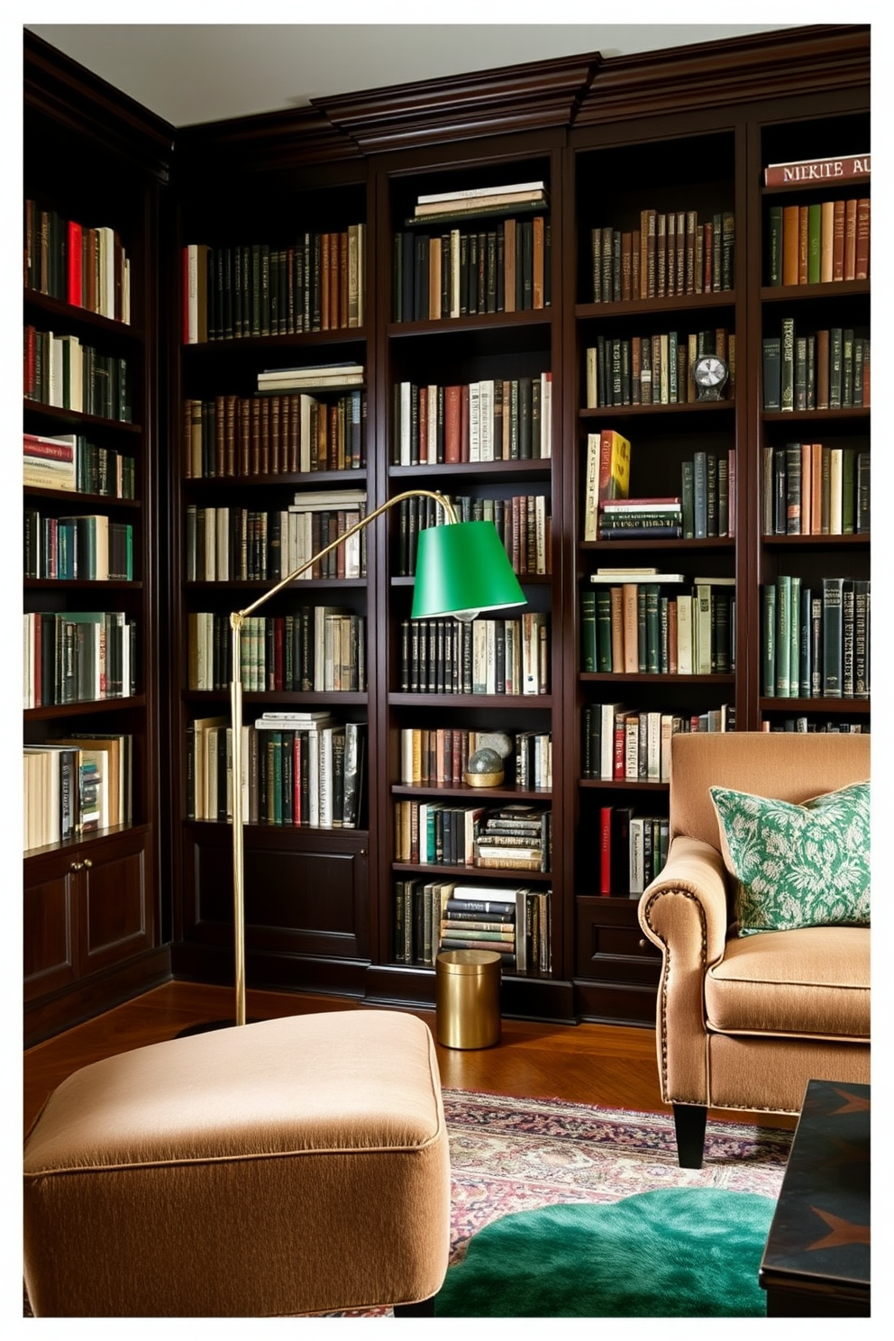 A stylish reading lamp with a green shade stands elegantly beside a plush armchair in a cozy home library. The walls are lined with dark wooden bookshelves filled with an array of books, creating a warm and inviting atmosphere. The library features deep green accents throughout, including a rich area rug that complements the overall design. Soft, ambient lighting enhances the tranquil space, making it perfect for quiet reading sessions.