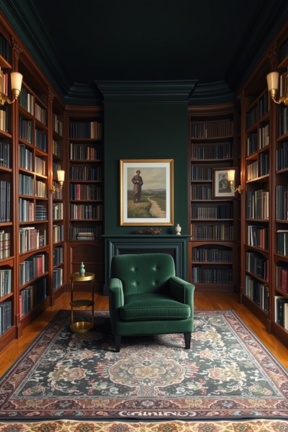 A dark green home library featuring rich wooden bookshelves that stretch from floor to ceiling. The space is illuminated by warm brass sconces, casting a soft glow over the dark green walls adorned with framed artwork. In the center, a plush velvet armchair in deep green invites relaxation, complemented by a brass side table. A large area rug with intricate patterns in muted tones anchors the seating area, creating a cozy reading nook.