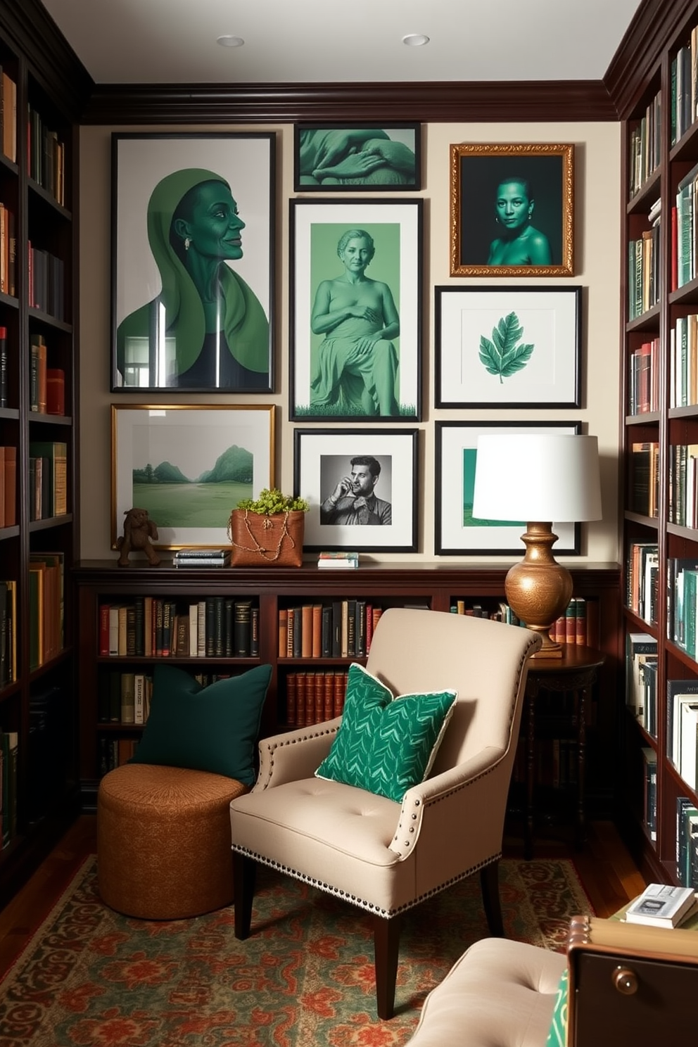 A cozy home library filled with personalized art pieces in emerald green. The walls are lined with dark wooden bookshelves, and plush seating invites relaxation and reading.