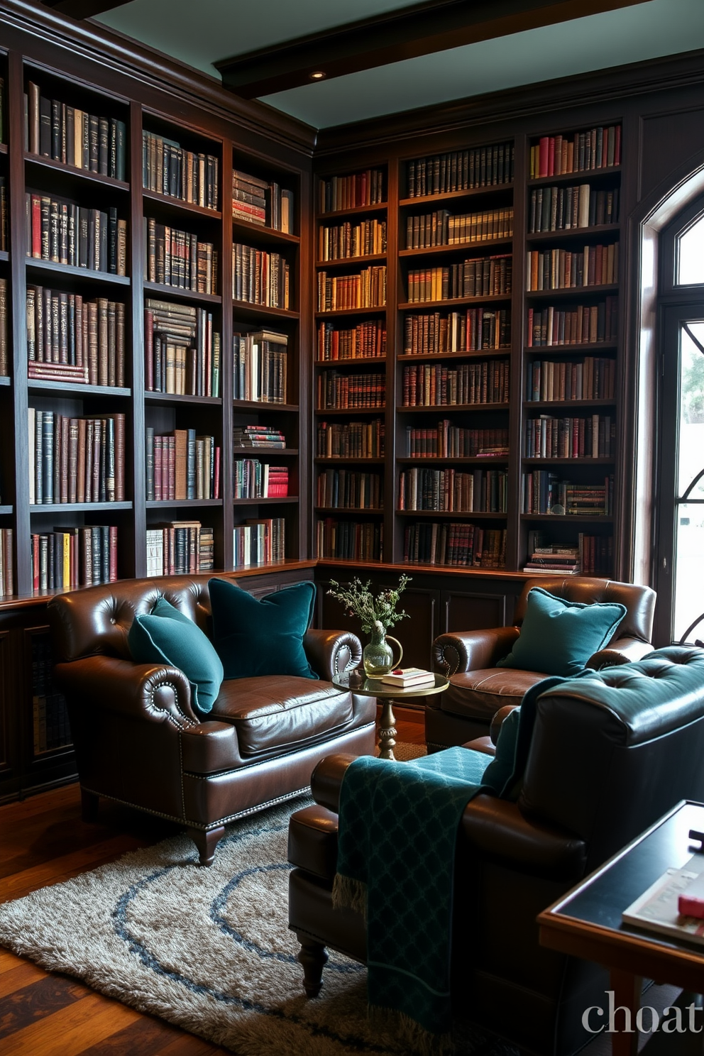 A cozy home library featuring vintage leather chairs adorned with dark green accents. The room is lined with dark wooden bookshelves filled with an eclectic collection of books, creating a warm and inviting atmosphere. Soft lighting illuminates the space, highlighting the rich textures of the leather chairs and the deep green hues. A plush area rug anchors the seating arrangement, adding comfort and style to the library.