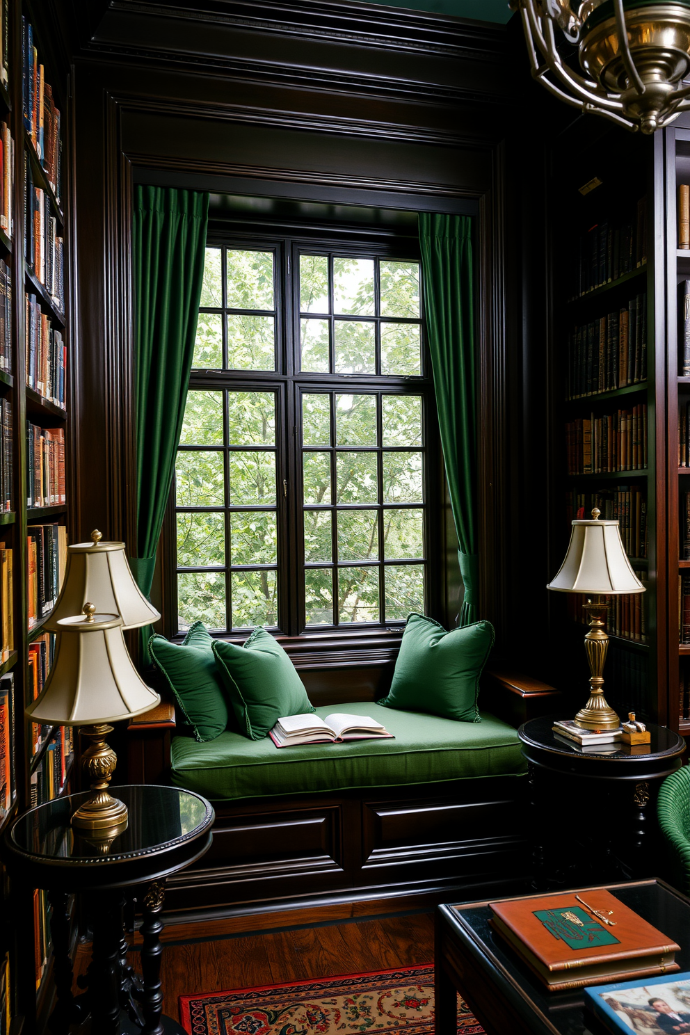 A cozy window seat adorned with plush green cushions invites relaxation and reading. The surrounding walls are lined with dark wood bookshelves filled with an extensive collection of books. The library features deep green accents that create a warm and inviting atmosphere. Soft lighting from elegant lamps enhances the rich textures of the furniture and decor.