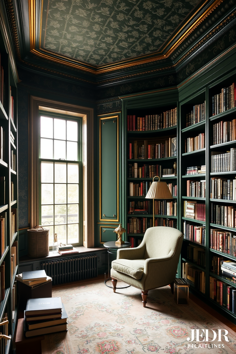 A cozy home library featuring dark green wallpaper adorned with elegant gold trim. The room is filled with floor-to-ceiling bookshelves, showcasing a curated collection of books and decorative objects. A plush reading nook is situated by a large window, complete with a comfortable armchair and a small side table. Soft lighting from a vintage-style lamp creates a warm and inviting atmosphere perfect for reading.