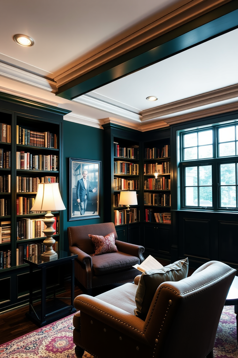 A dark green home library featuring layered lighting creates a cozy and inviting atmosphere. The walls are adorned with rich, dark green paint, complemented by built-in wooden bookshelves filled with an extensive collection of books. Soft, ambient lighting is provided by recessed ceiling lights, while stylish table lamps and wall sconces add warmth to the space. A plush, comfortable armchair is positioned near a large window, inviting readers to relax with their favorite book.