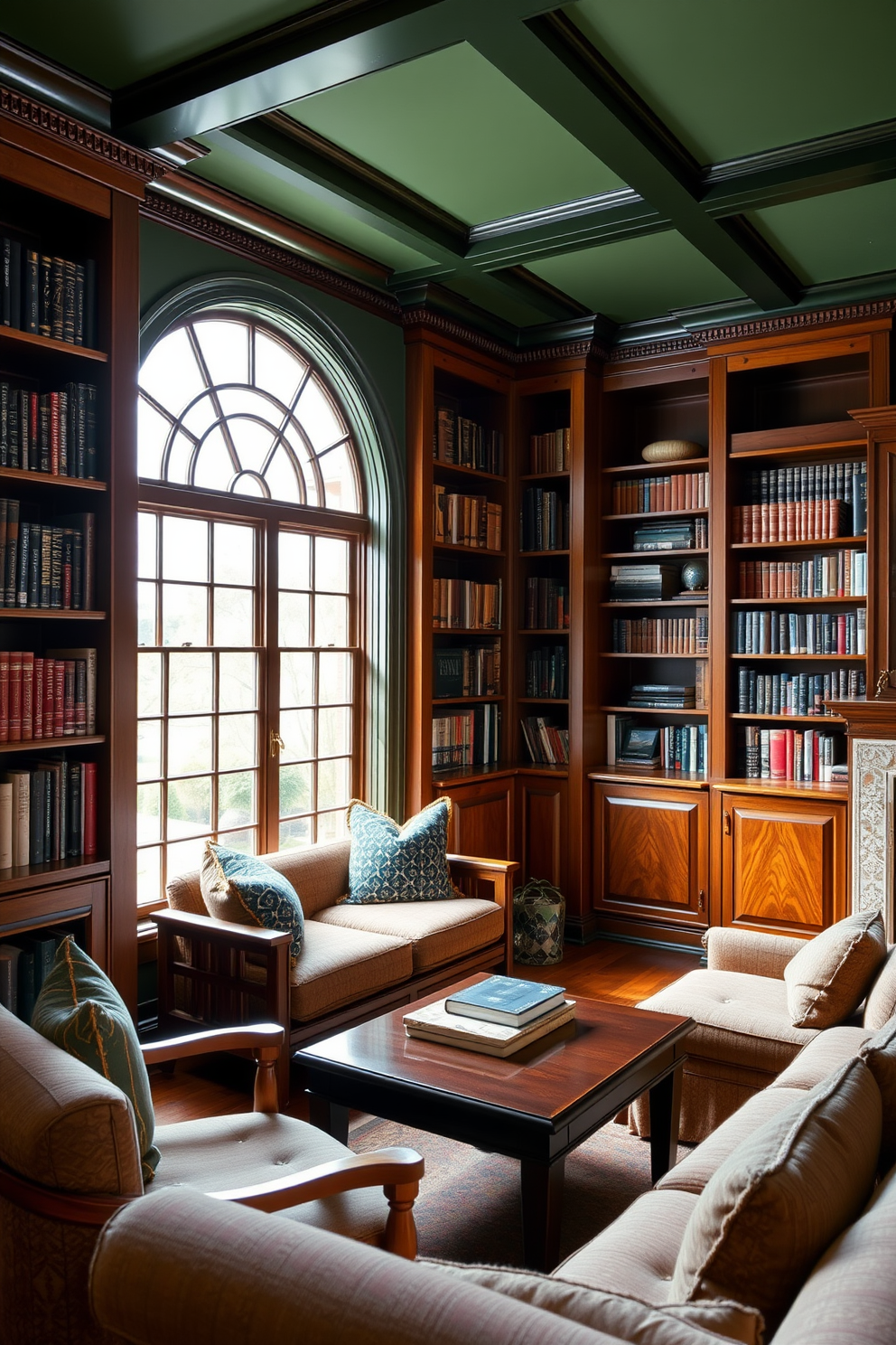 A cozy home library featuring rich green paint on the walls that creates an inviting atmosphere. The warm wood tones of the bookshelves and furniture complement the deep green, enhancing the overall elegance of the space. Plush seating arrangements with soft cushions invite relaxation and reading enjoyment. A large window allows natural light to flood the room, highlighting the beautiful wood grain and the rich color palette.