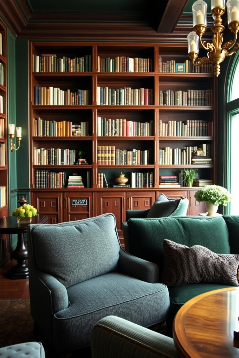 A cozy home library enveloped in deep forest green hues. Plush textured fabrics adorn the seating, creating an inviting atmosphere for reading and relaxation. Rich wooden bookshelves line the walls, filled with an array of books and decorative items. Soft lighting from elegant sconces casts a warm glow, enhancing the library's sophisticated charm.