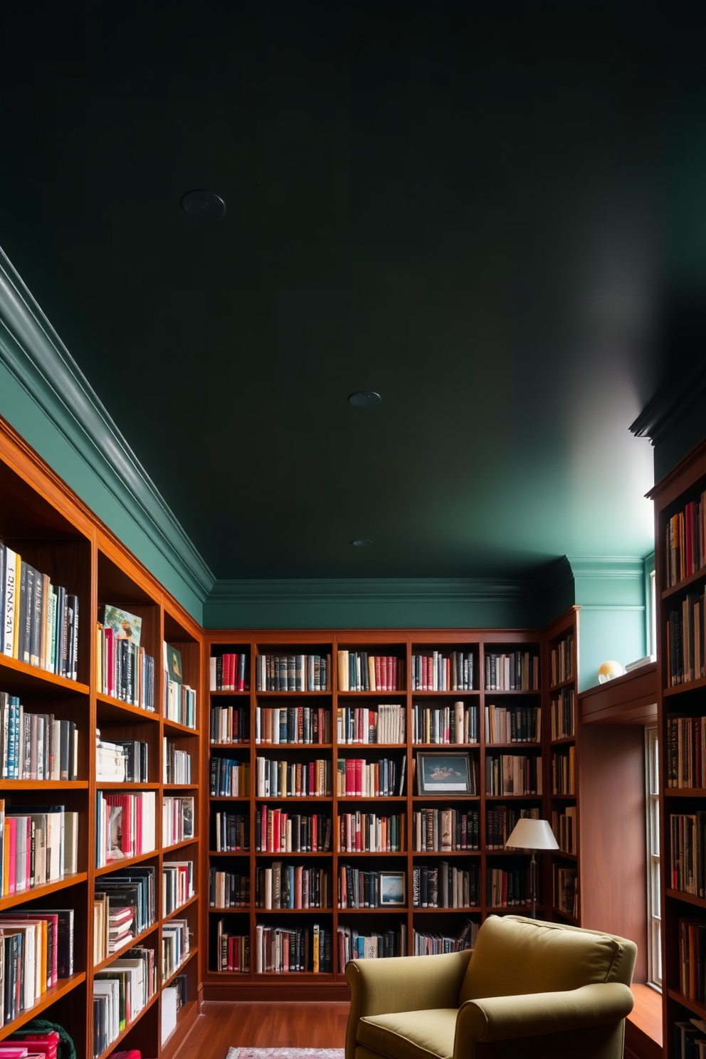 A dark green ceiling creates a cozy and intimate atmosphere in the home library. Contrasting wooden shelves are lined with an array of books, adding depth and character to the space. Soft lighting fixtures are strategically placed to illuminate the reading areas. A plush armchair in a complementary color invites relaxation and encourages leisurely reading.