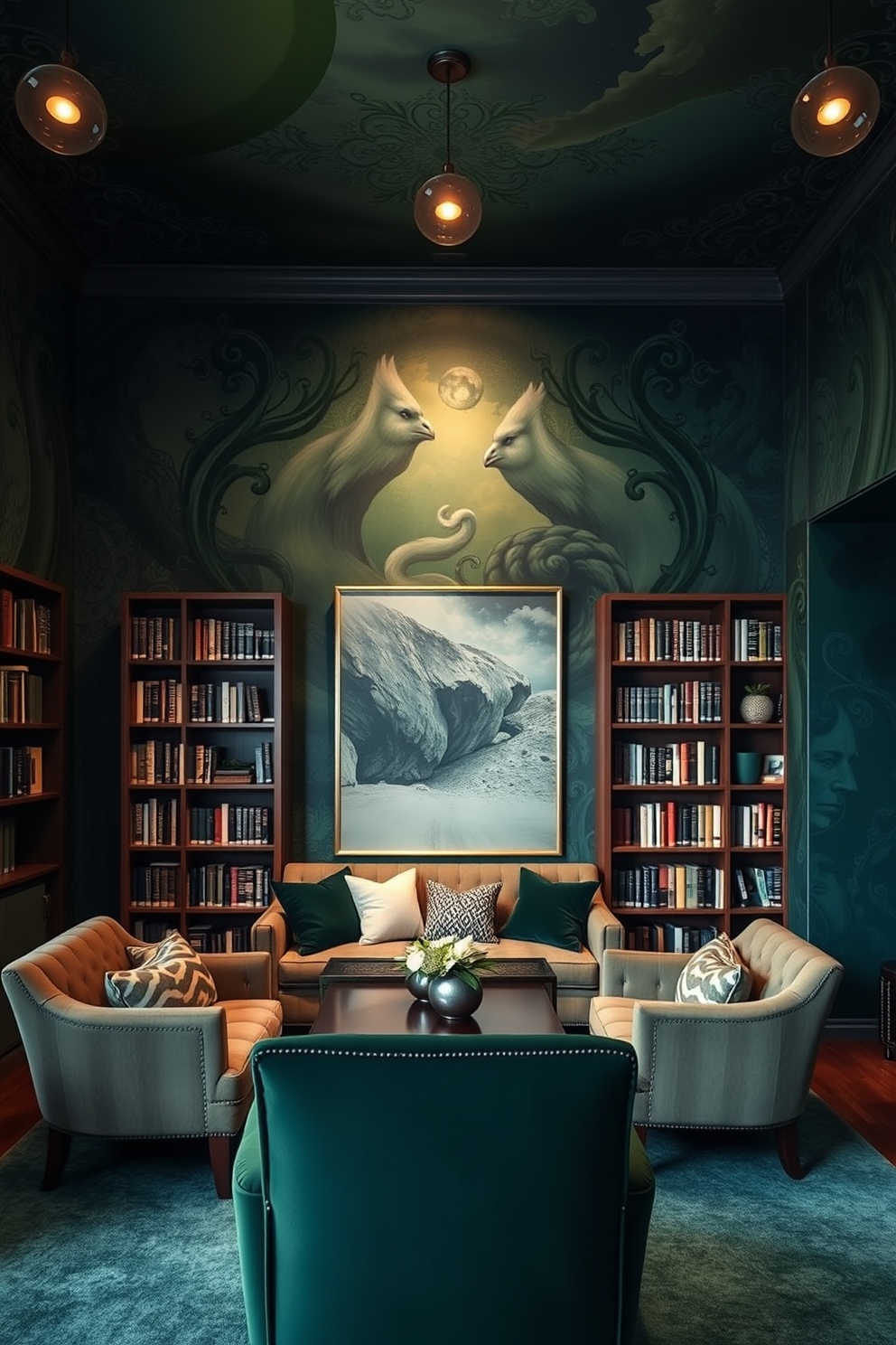 Artistic wall murals in dark green hues create a captivating atmosphere in a home library. The walls are adorned with intricate designs that evoke a sense of tranquility and creativity. Dark green home library design ideas feature plush seating arrangements and rich wooden bookshelves. Soft lighting highlights the artwork while creating a cozy reading nook.