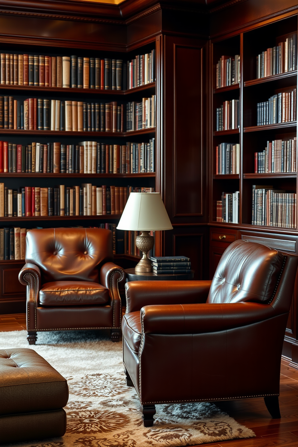 Cozy leather armchairs are positioned in a warm and inviting home library. The chairs feature dark wood accents and are complemented by a rich, dark wood bookshelf filled with an array of books. Soft lighting casts a gentle glow throughout the space, highlighting the deep hues of the leather and wood. A plush area rug anchors the seating area, creating an intimate atmosphere perfect for reading.